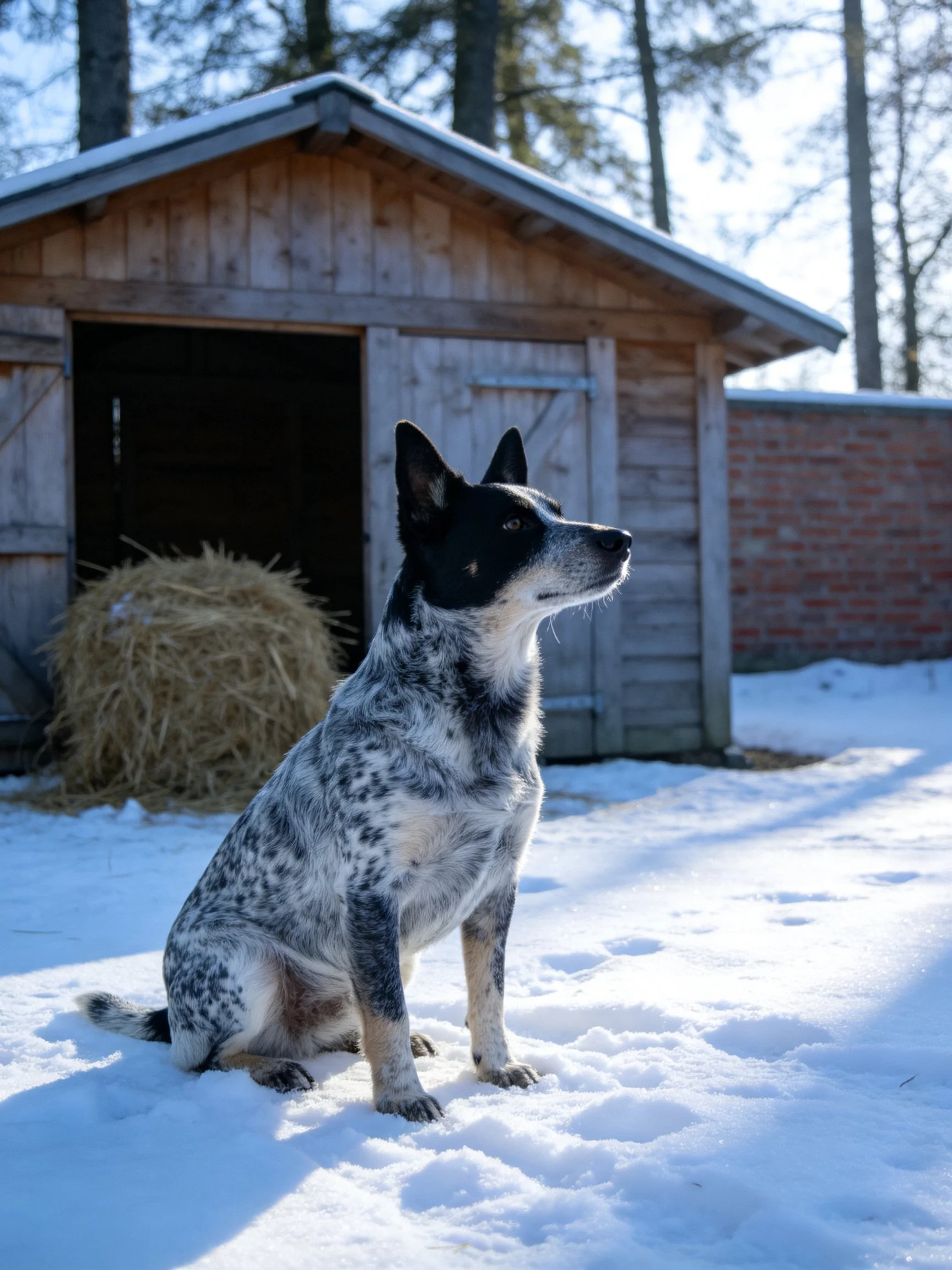 A black-and-white spotted dog sits in snow outside a wooden shed.