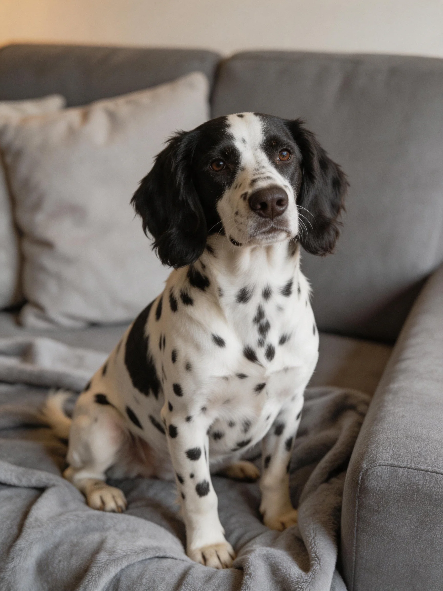 A black and white spotted dog sits calmly on a gray couch