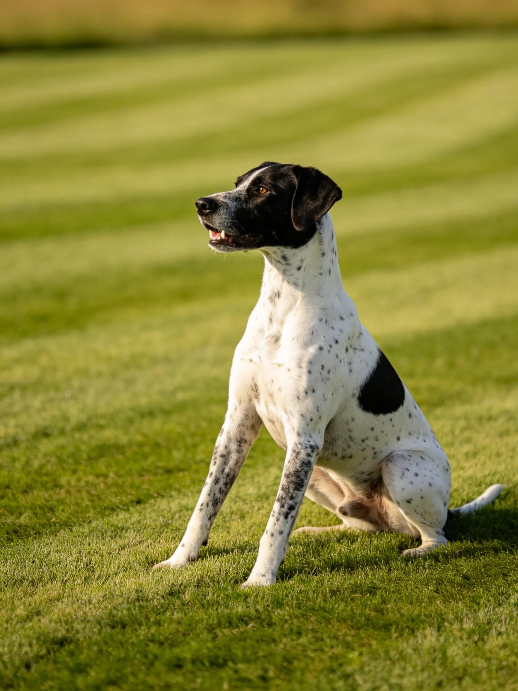 A black and white spotted dog sits attentively on a manicured green lawn.