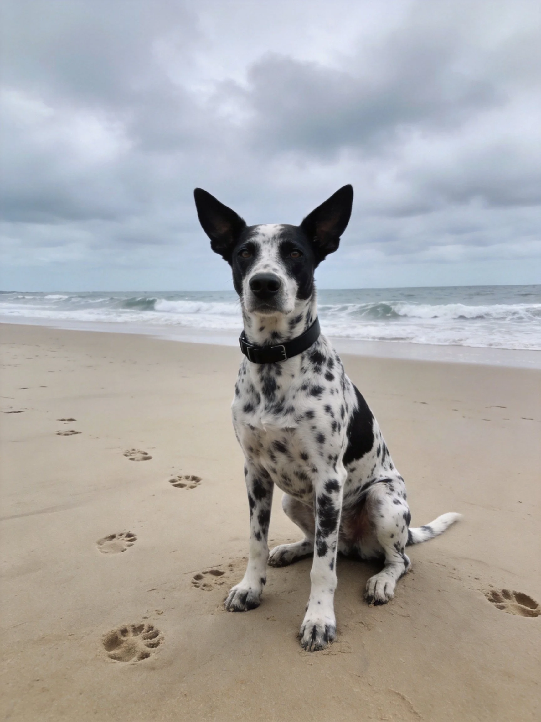 A black and white spotted dog sits on a sandy beach near the ocean