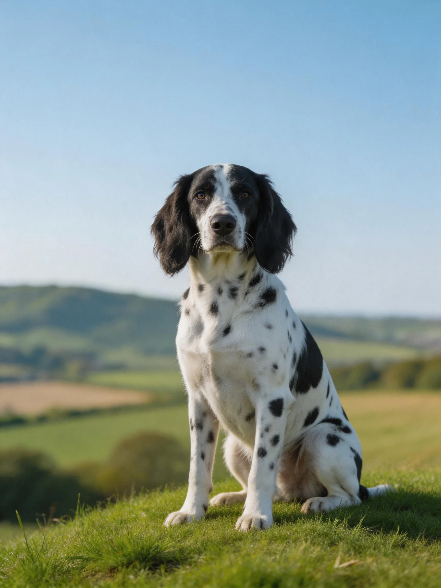 A black and white spotted dog sits calmly on grass amid a scenic countryside view.