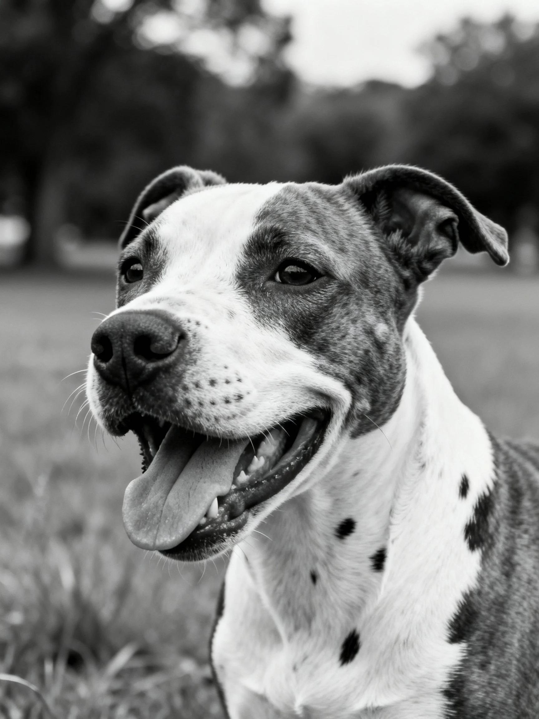 A black - and - white spotted dog smiles happily in a grassy outdoor setting.
