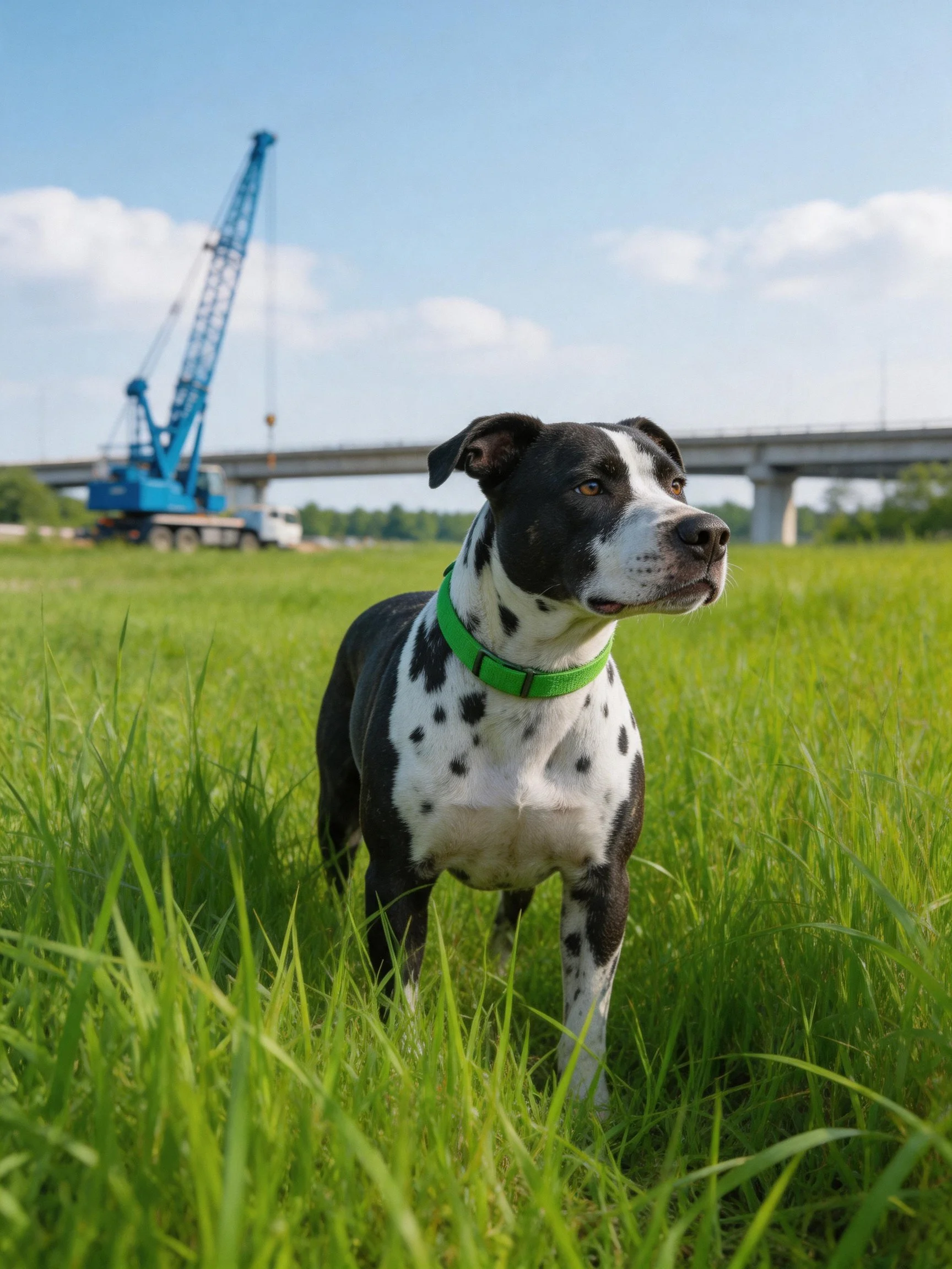 A black-and-white spotted dog stands in tall grass with construction equipment nearby