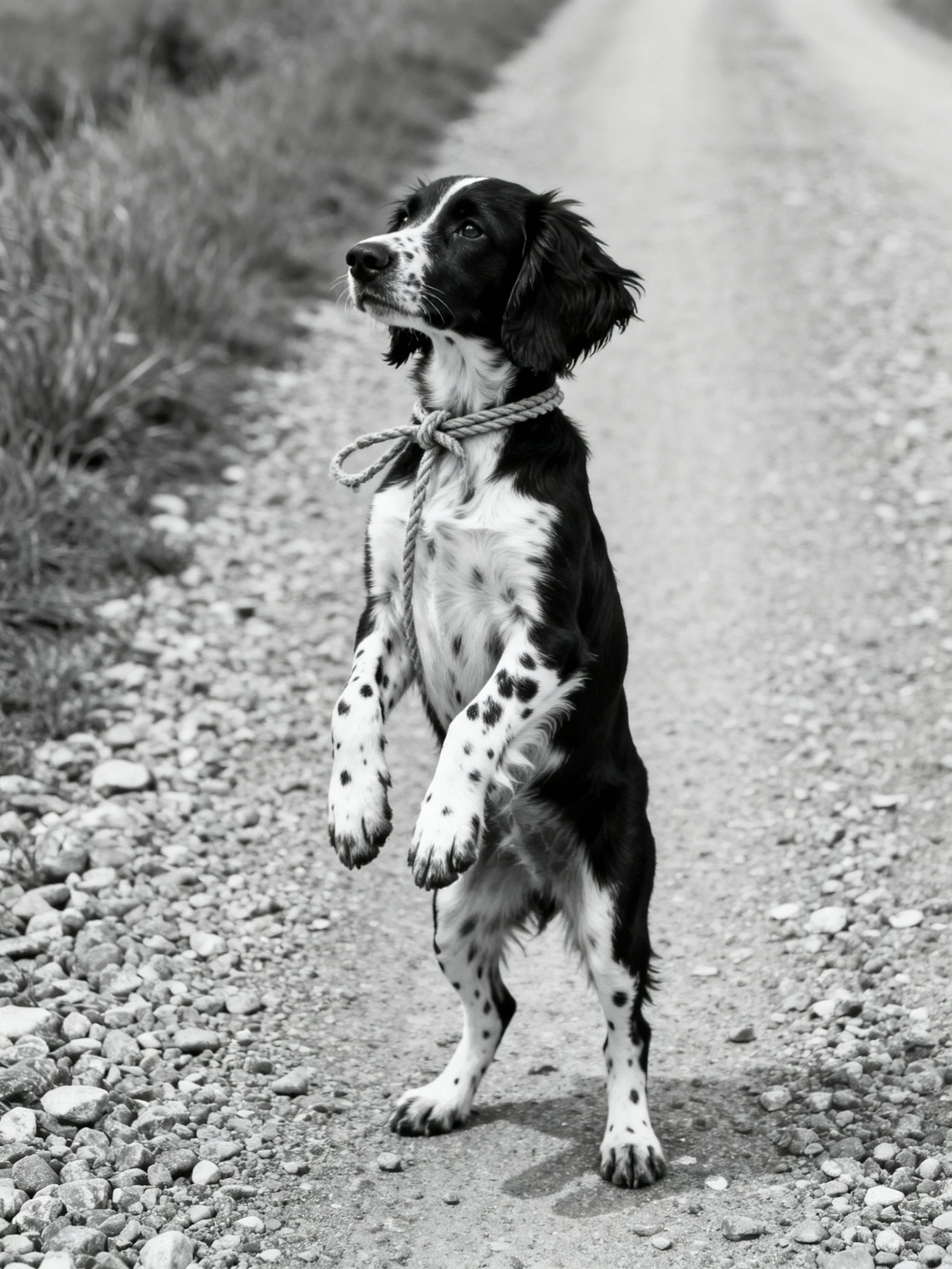 A black and white spotted dog stands alertly on a gravel path.