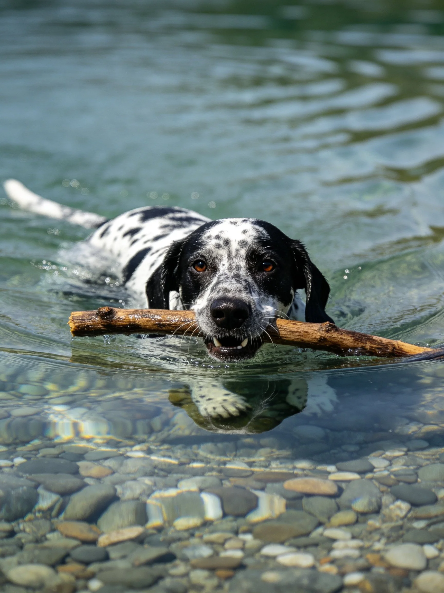 A black-and-white spotted dog swims with a wooden stick in clear water