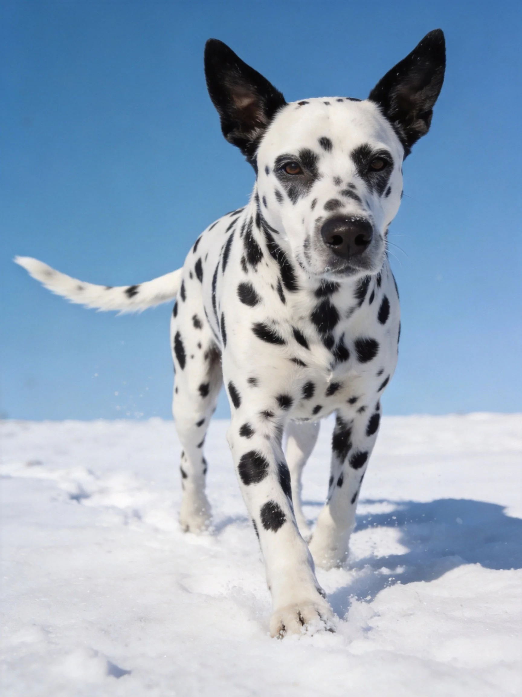 A Dalmatian dog walks through bright snow under a clear blue sky.