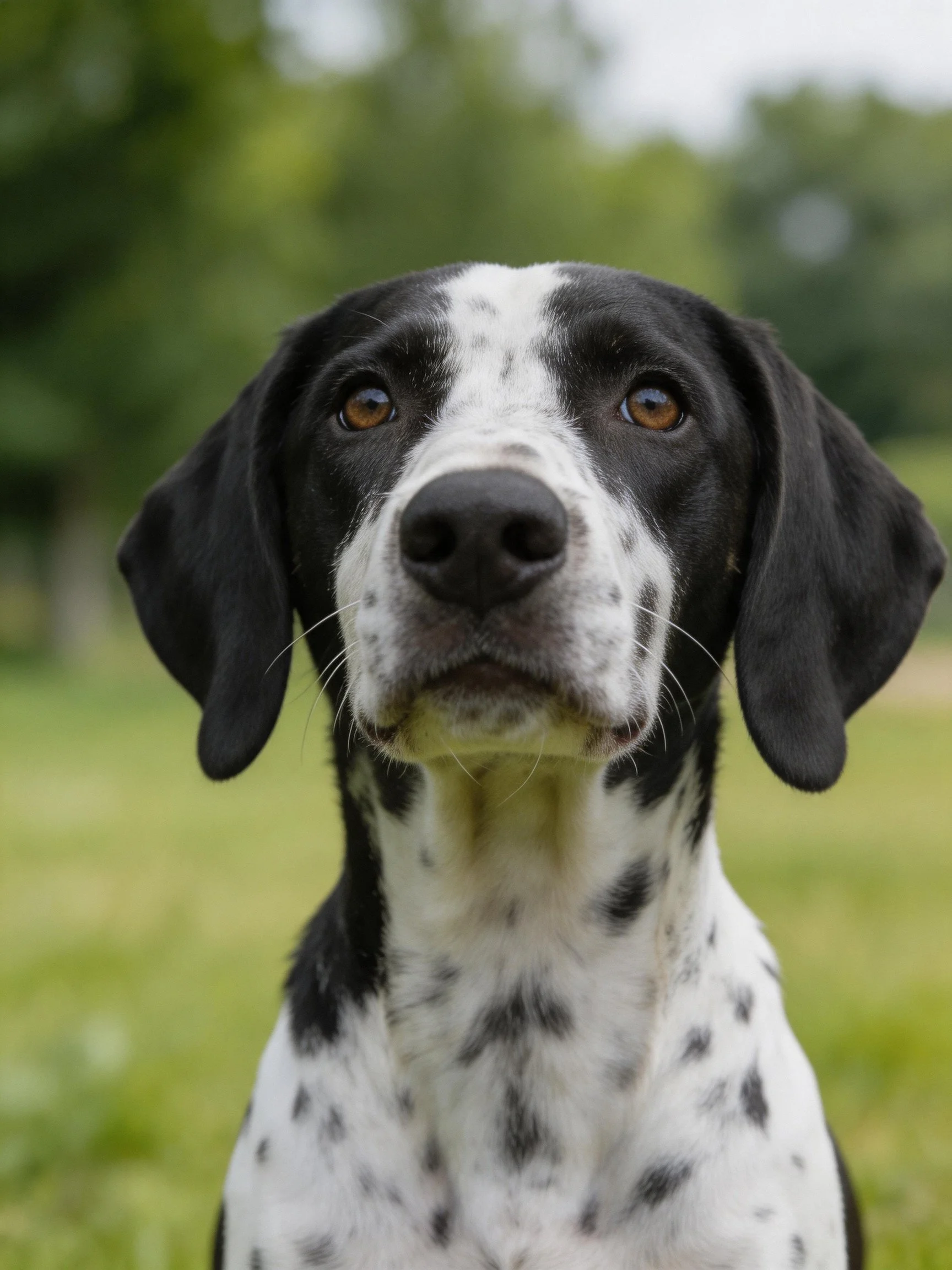 A black and white spotted dog gazes forward in an outdoor area.