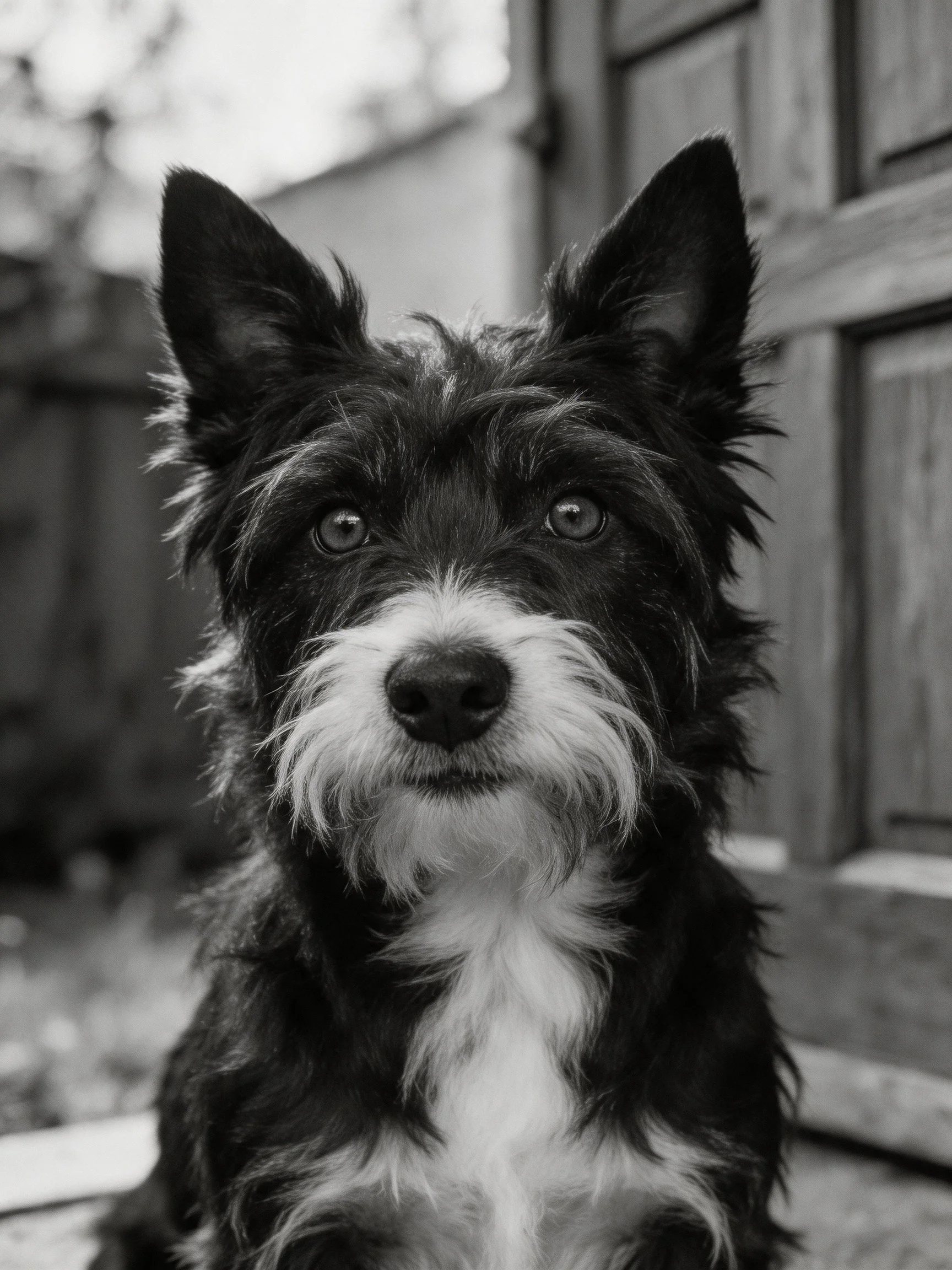 A black and white terrier with upright ears gazes intently.