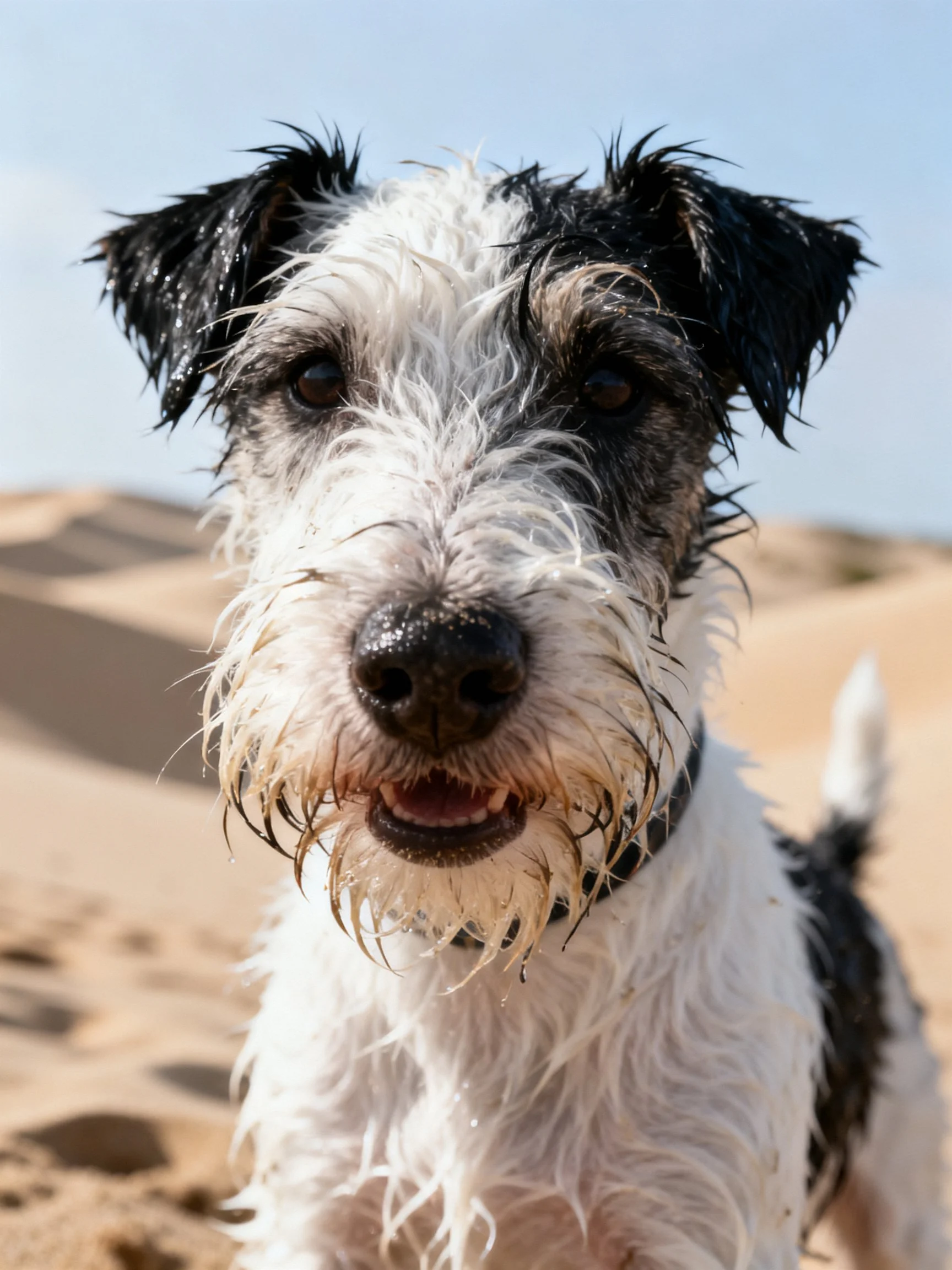A wet black and white dog stands in a sandy area with sand dunes in the background.
