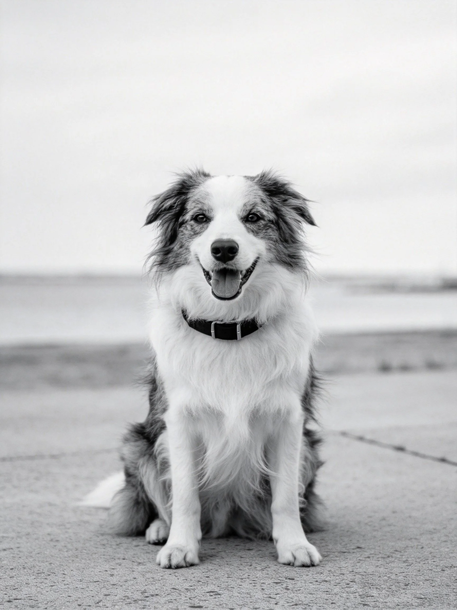 A black - and - white image of a happy dog sitting on pavement.
