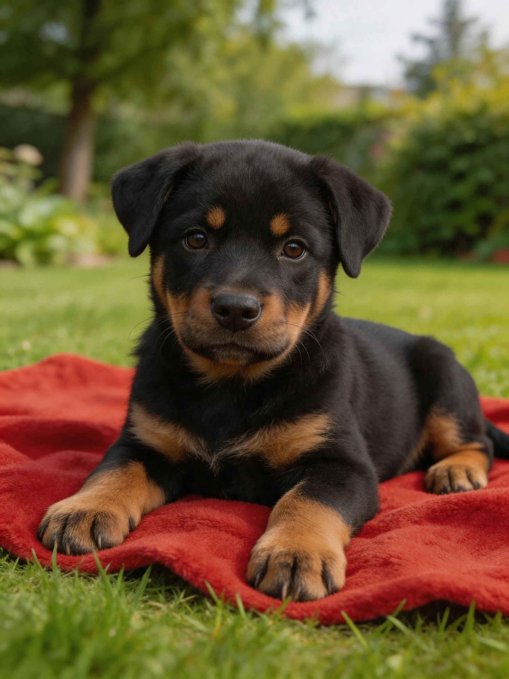 A black and tan puppy lies calmly on a red blanket in a lush garden.