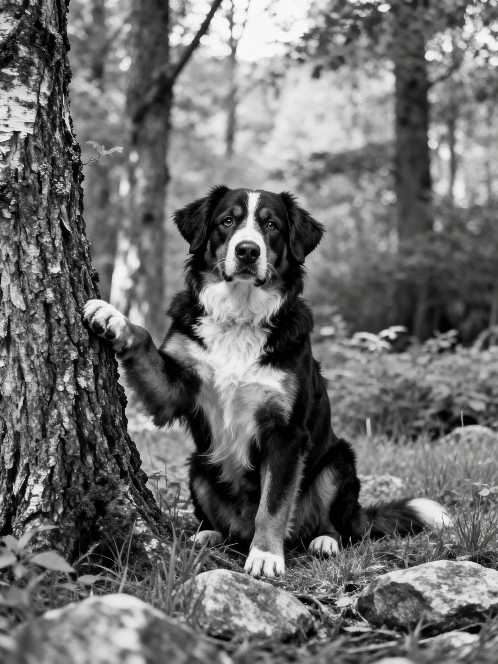 A black and white dog sits next to a tree in a forested environment.