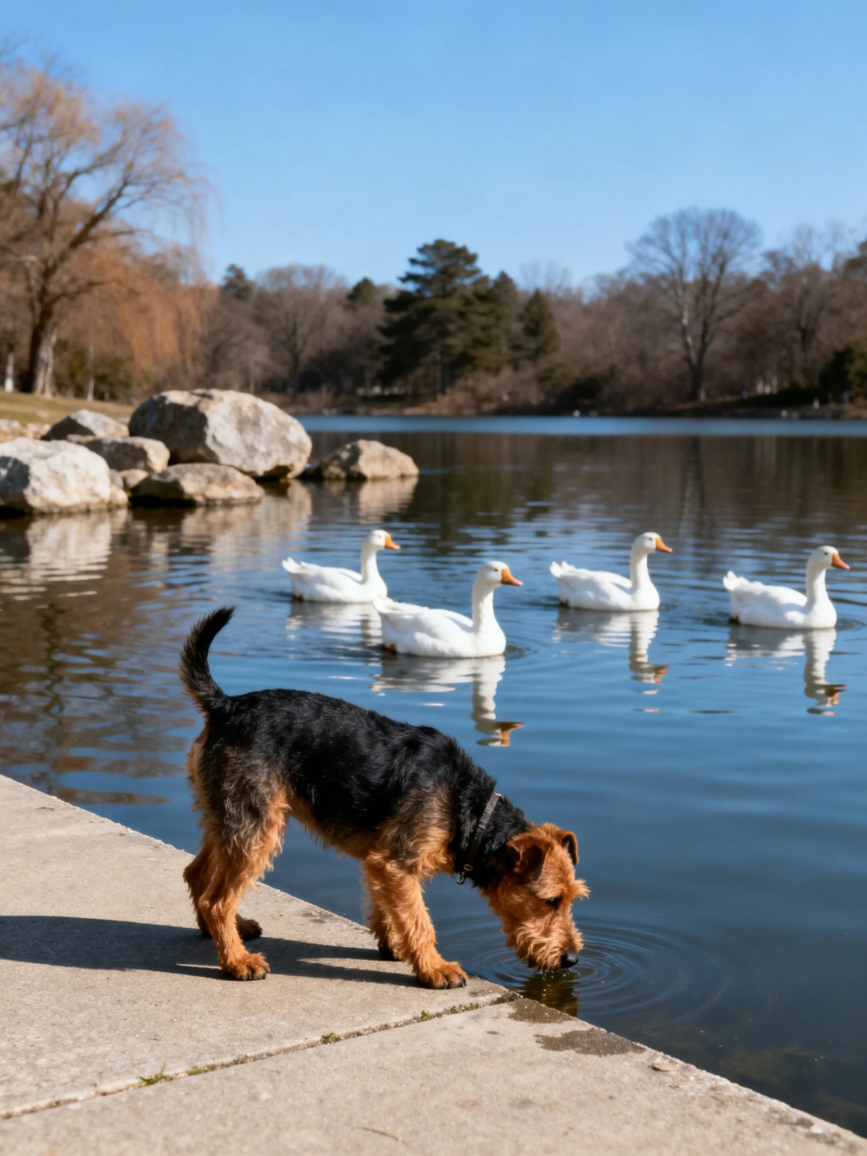 A black-brown dog drinks from a lake with four white ducks