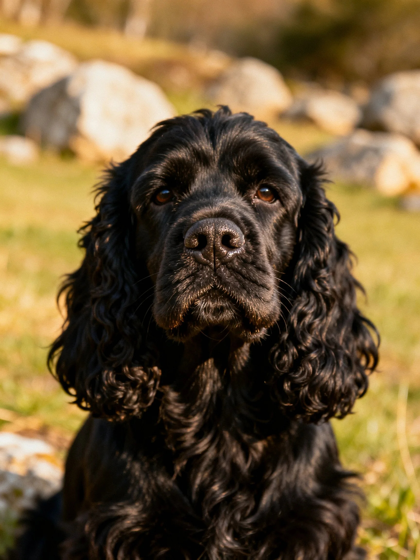 A black cocker spaniel with curly fur near rocky terrain