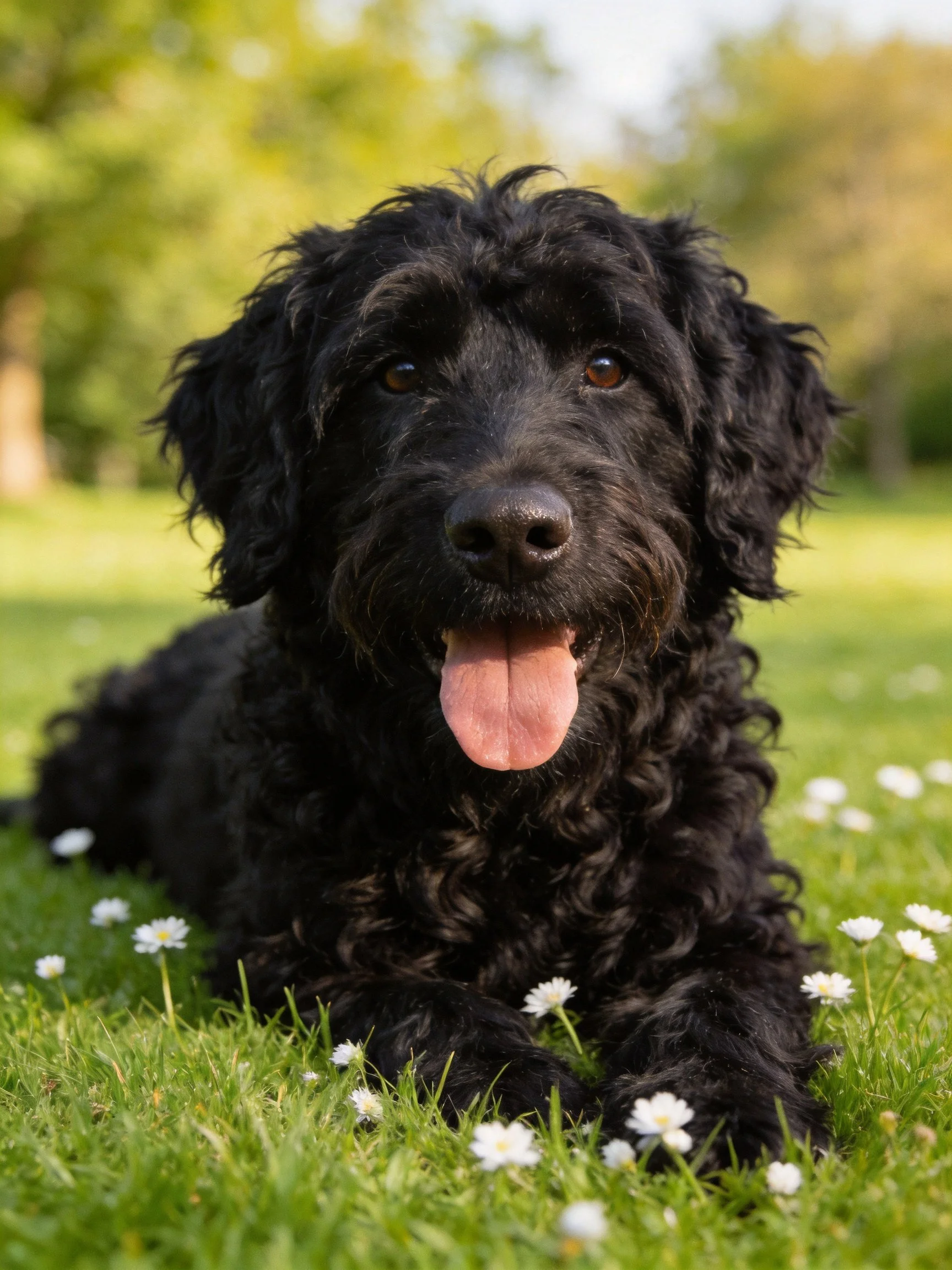 A black curly-coated dog resting on green grass with white flowers
