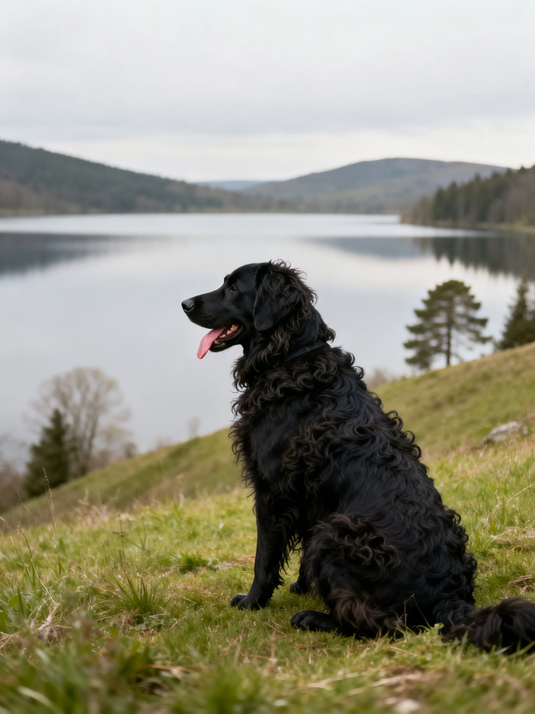 A black curly-coated dog sits by a calm lake