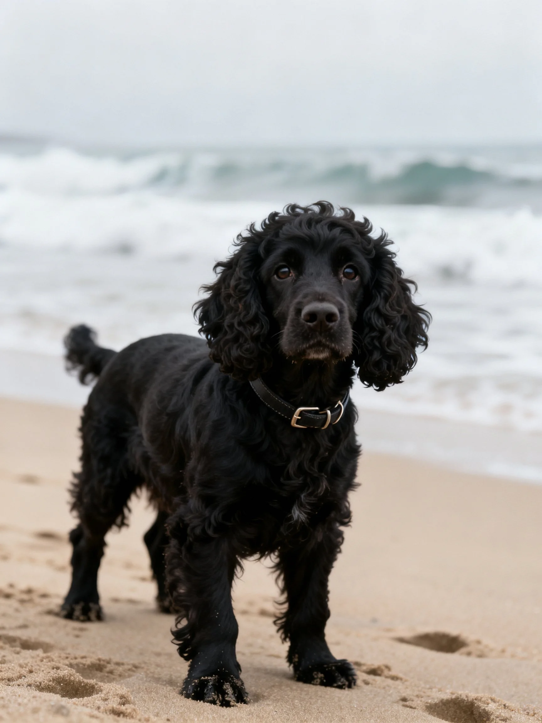 A black curly-coated dog standing on sandy beach near ocean waves