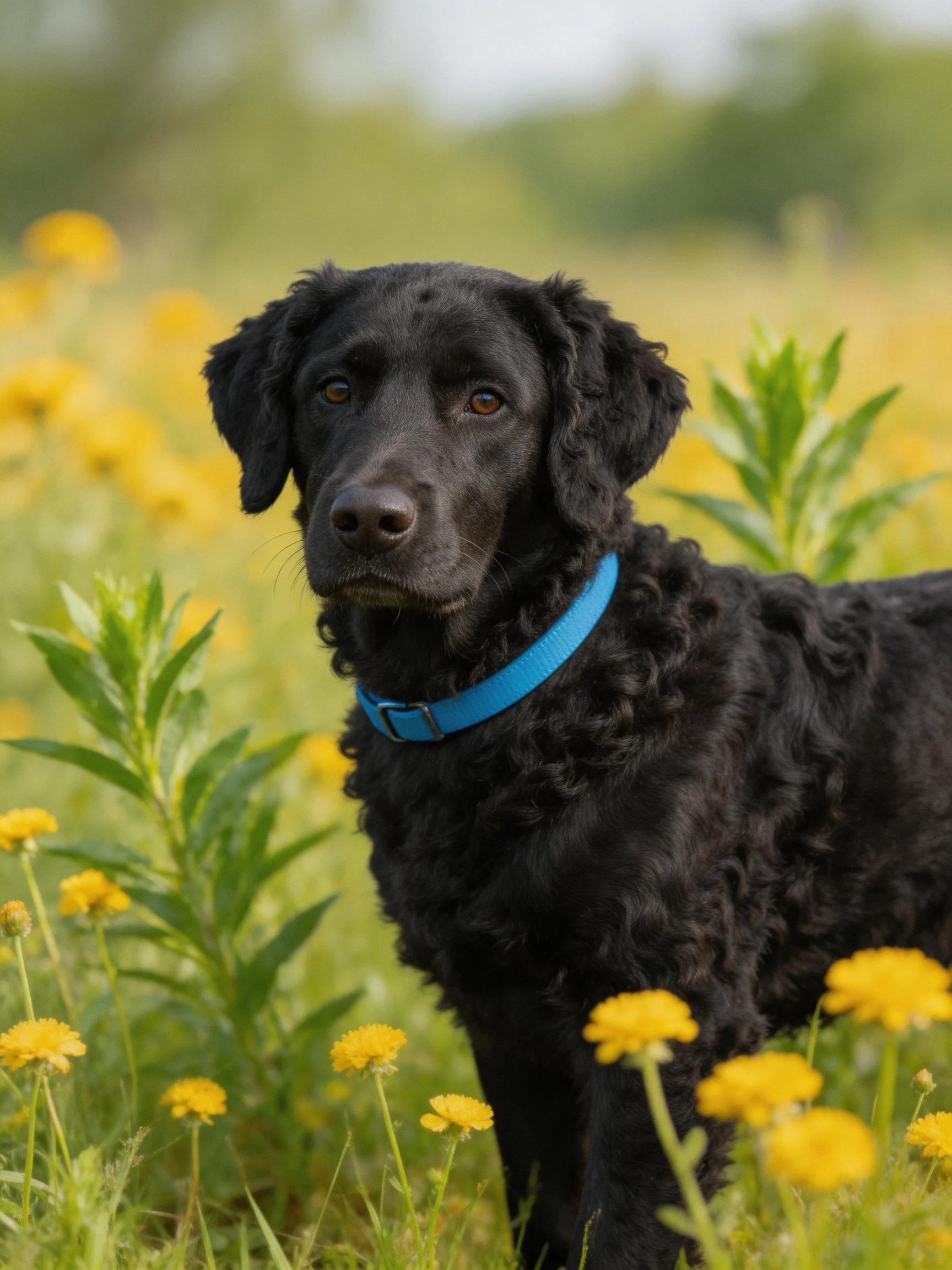 A black curly - coated dog with a bright blue collar amidst yellow wildflowers