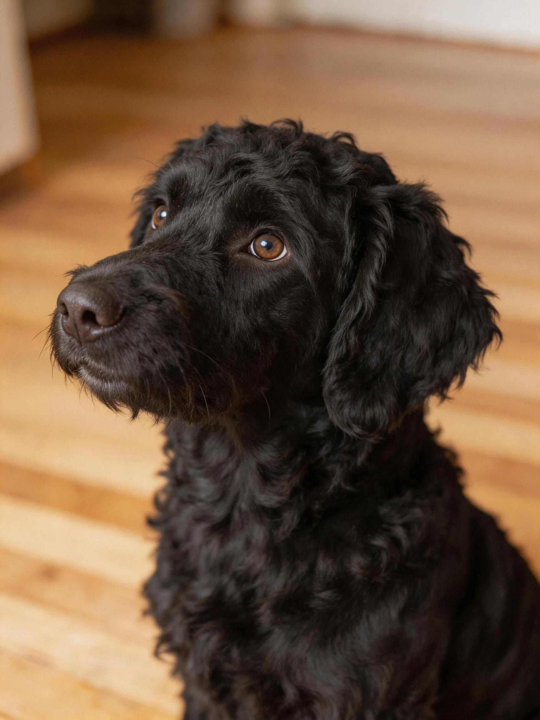 A black curly-coated dog with brown eyes on wooden flooring