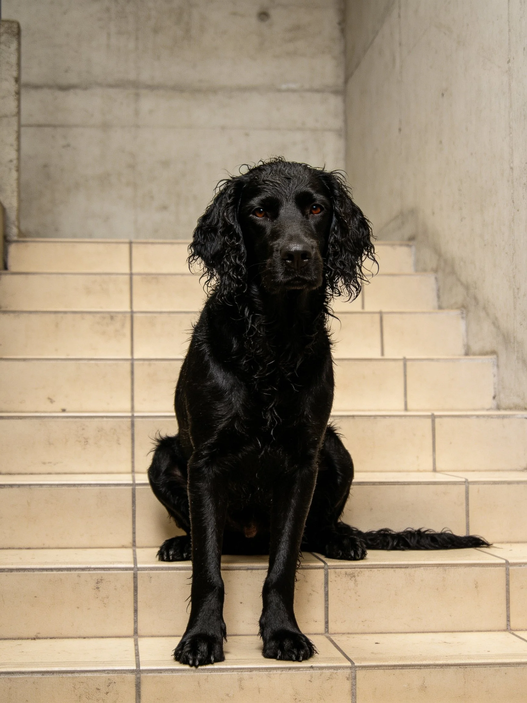A black curly-coated retriever sits on beige tiled stairs