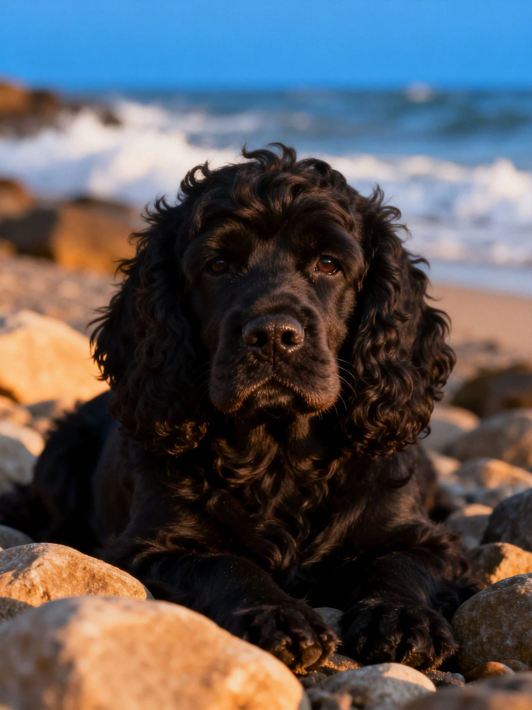 A black curly-furred dog rests on coastal rocks near the ocean