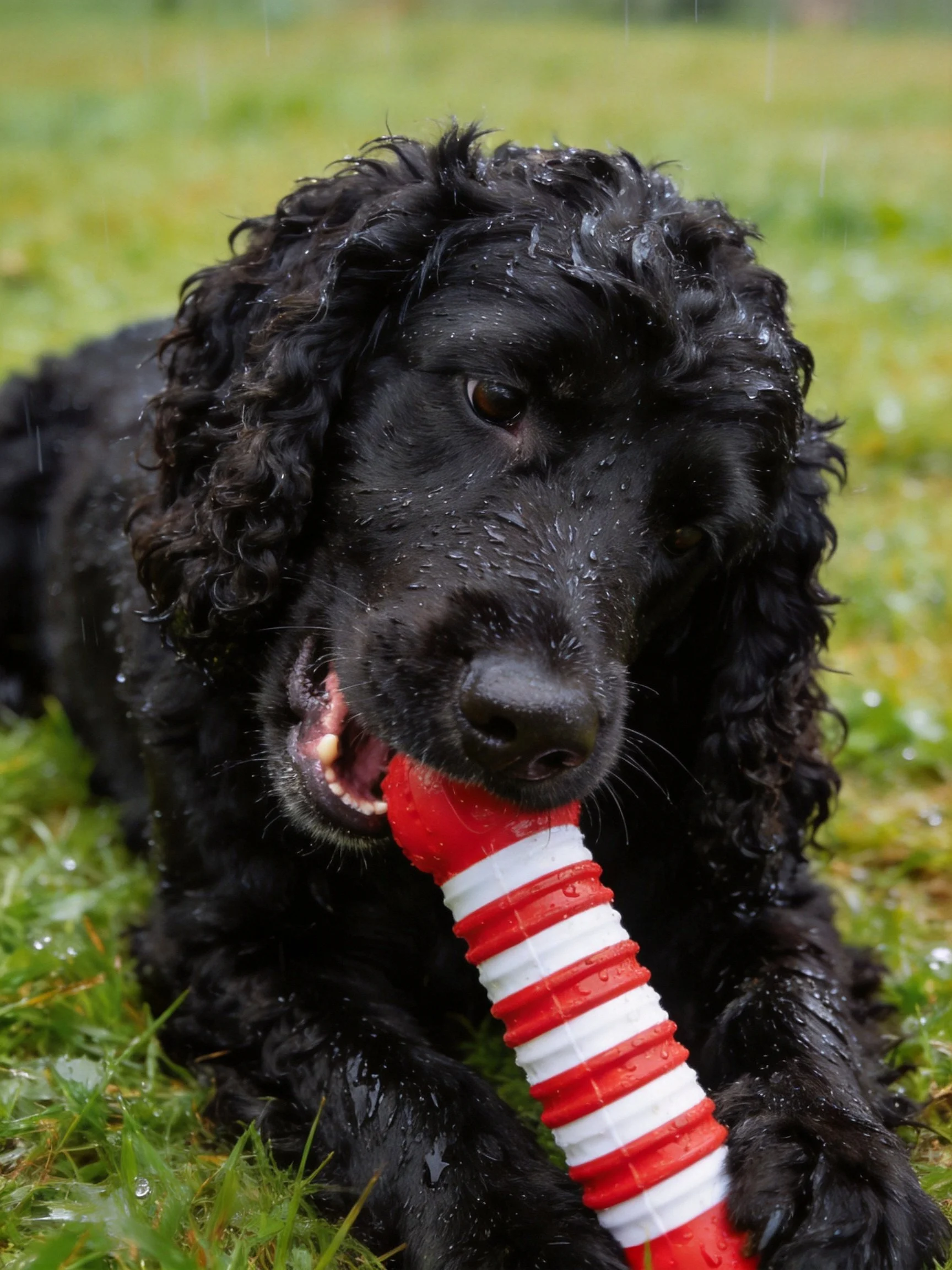 A black curly-haired dog chews a red and white striped toy on wet grass