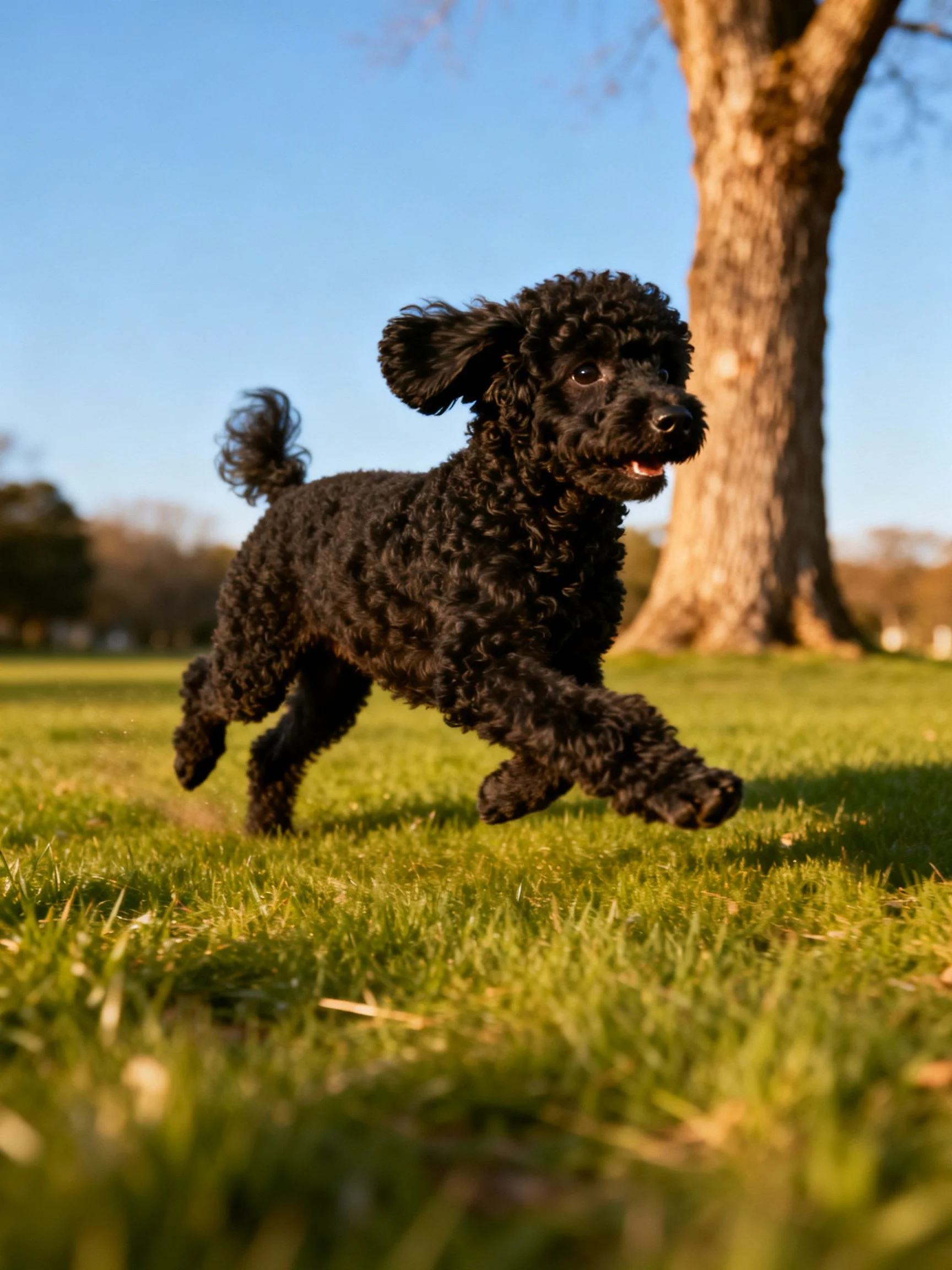 A black curly-haired dog runs energetically on green grass near a tree
