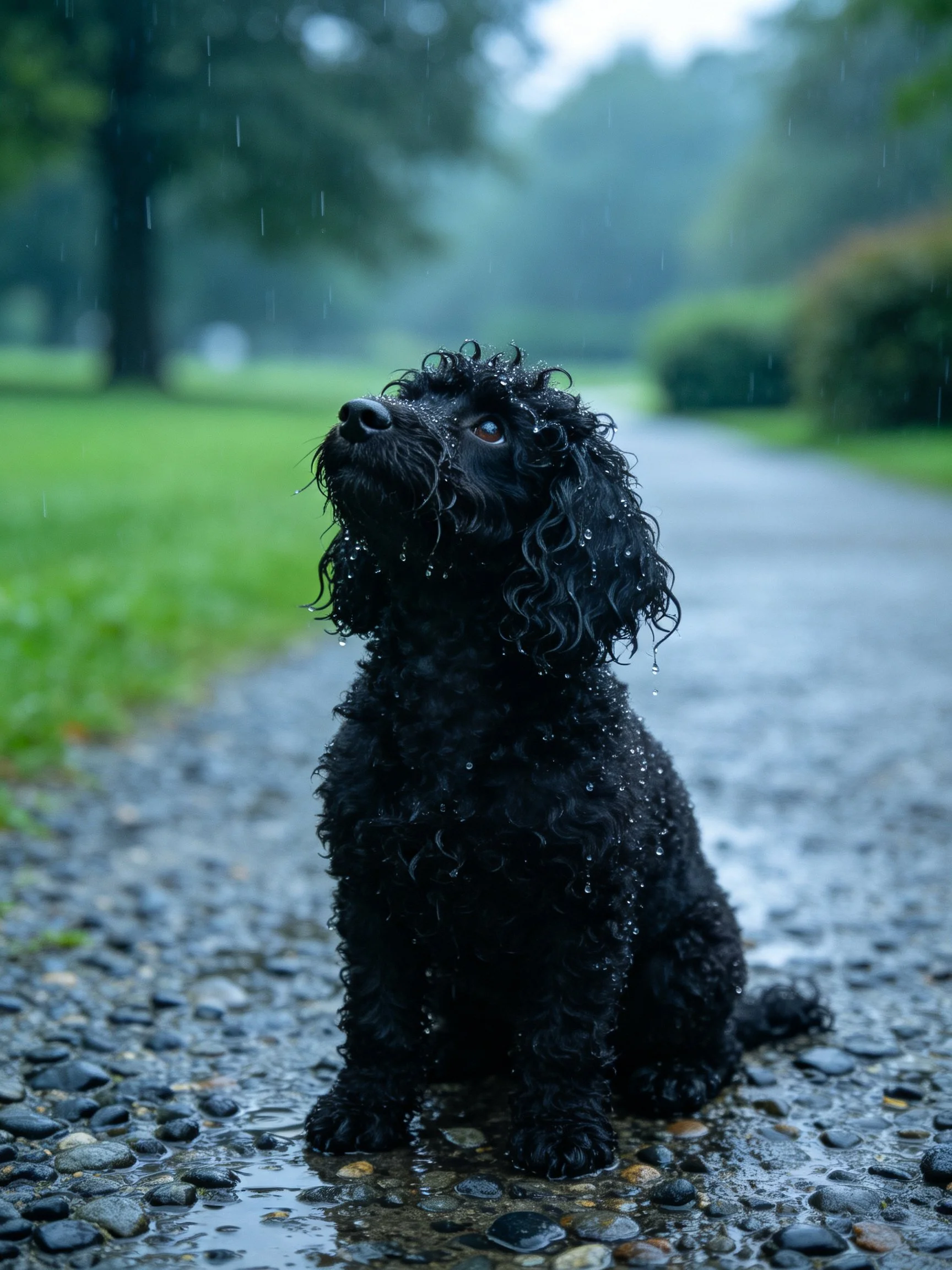 A black curly-haired dog sits on a rainy pebbled pathway