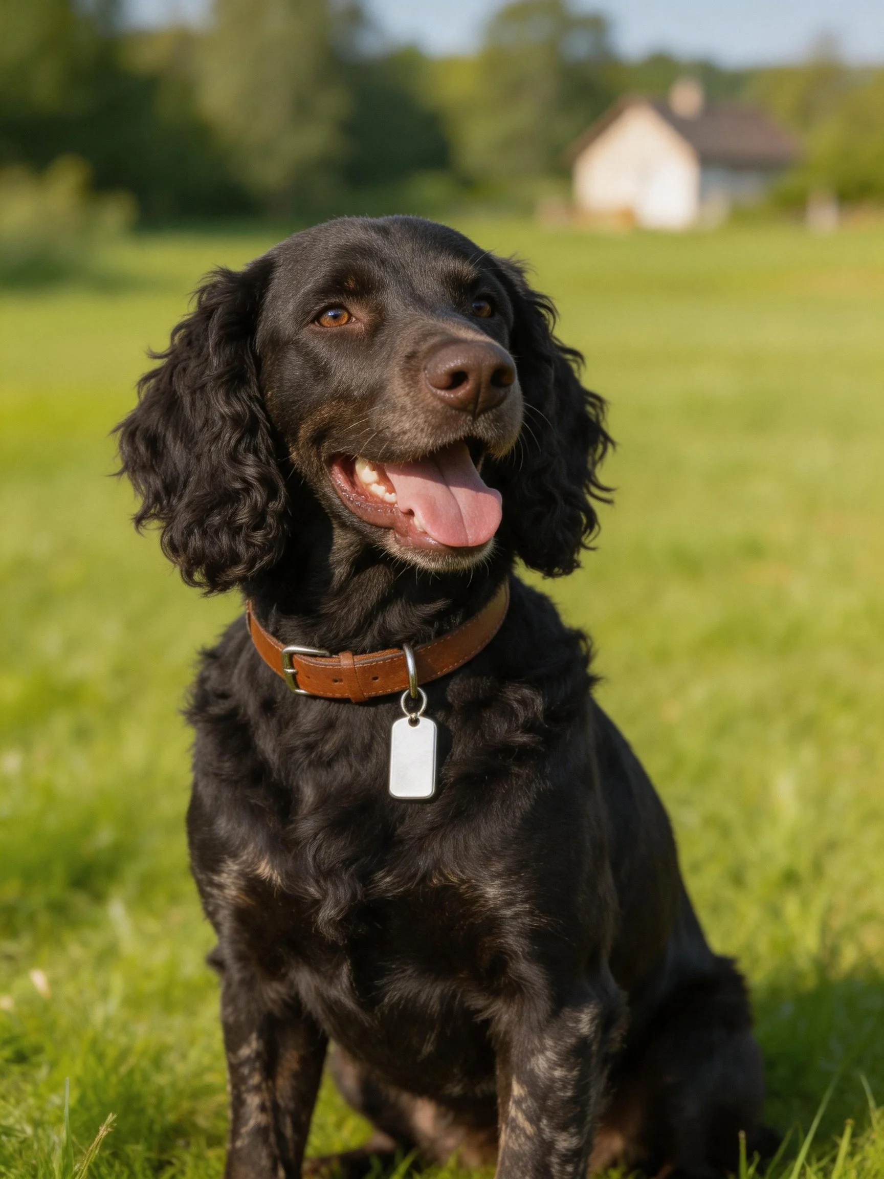 A black curly-haired dog sits happily on grass with a house in the distance