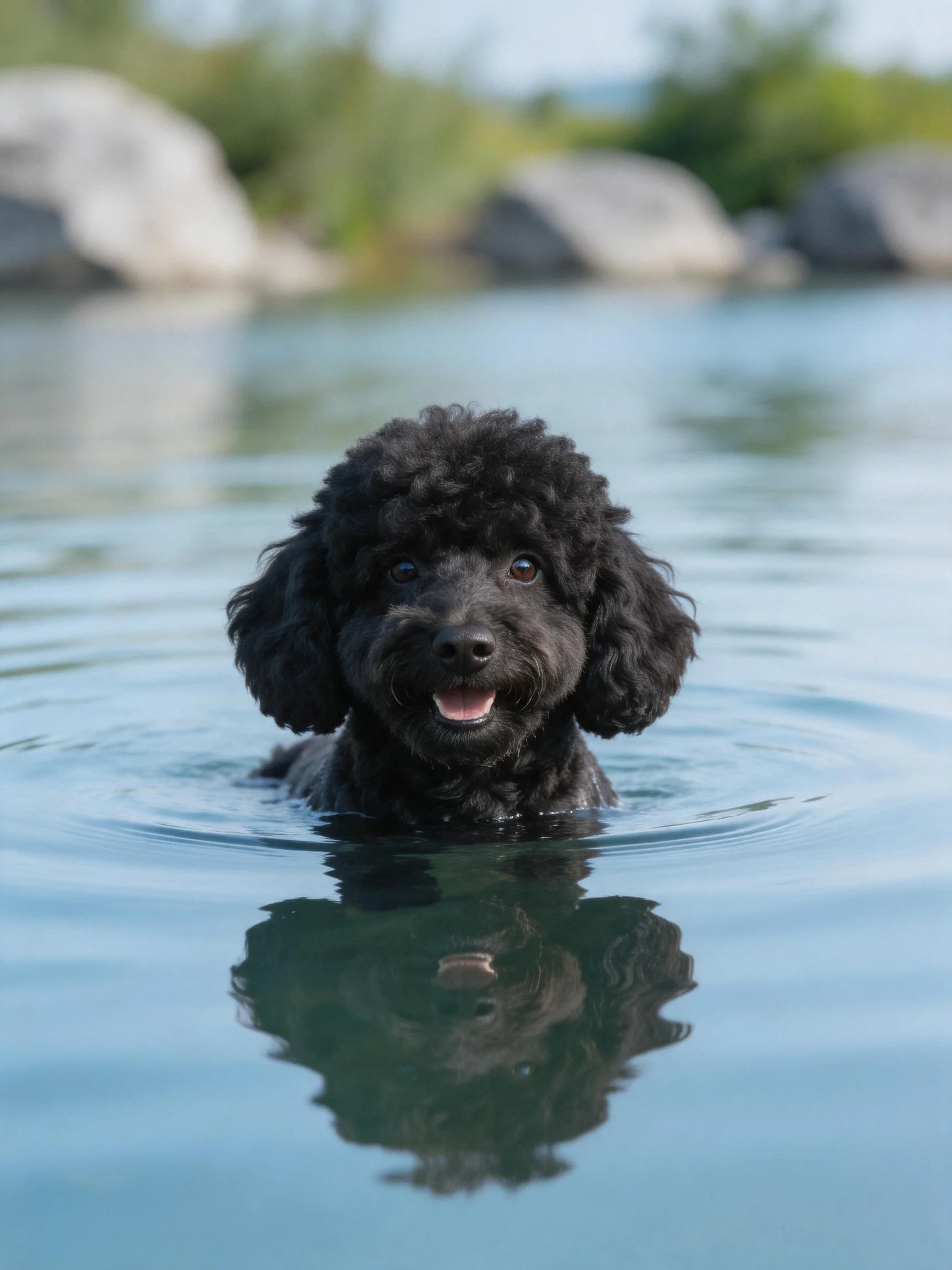 A black curly-haired dog swims joyfully in calm water near rocky surroundings.