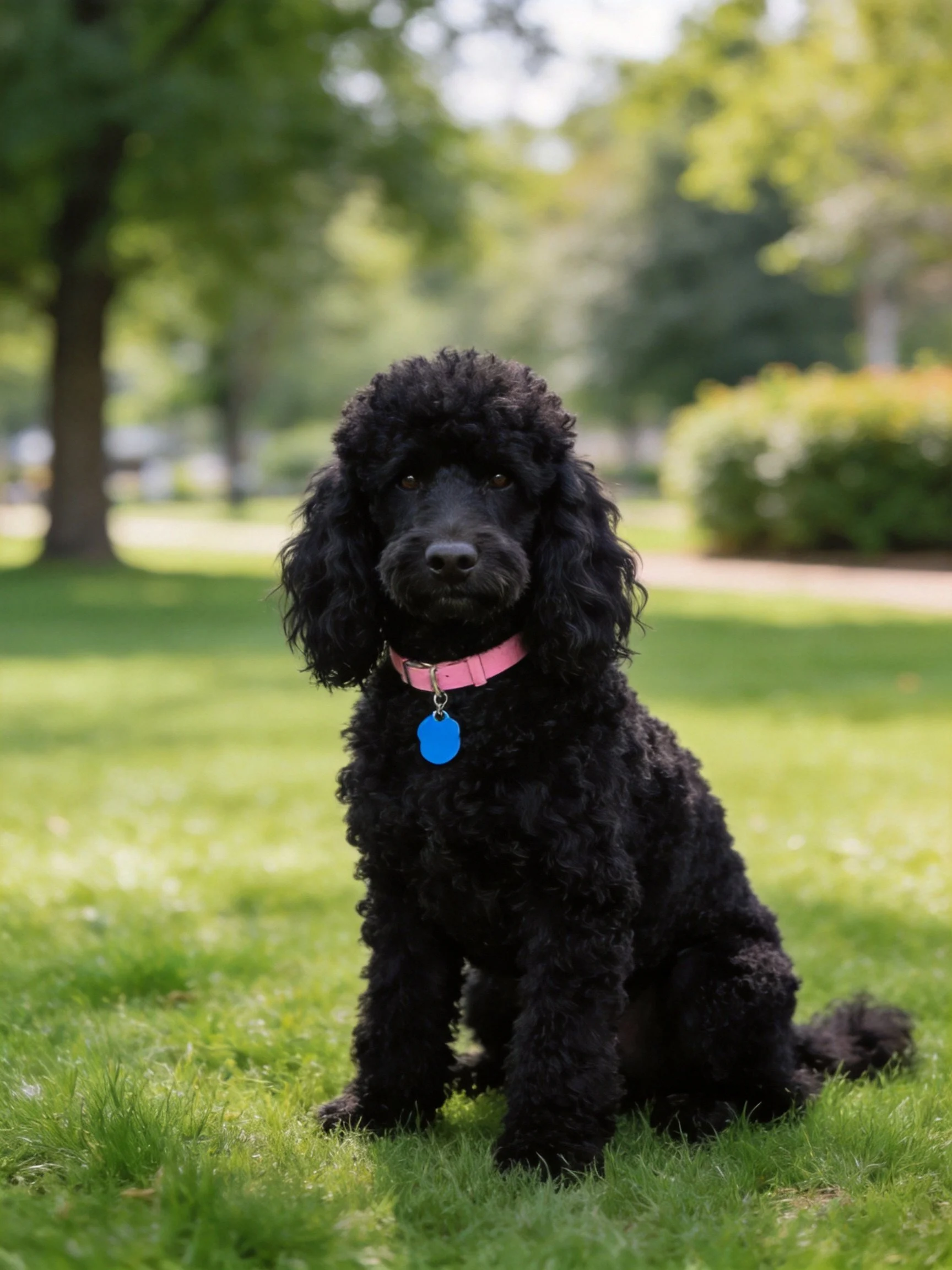 A black curly-haired poodle with a pink collar sits on grass.