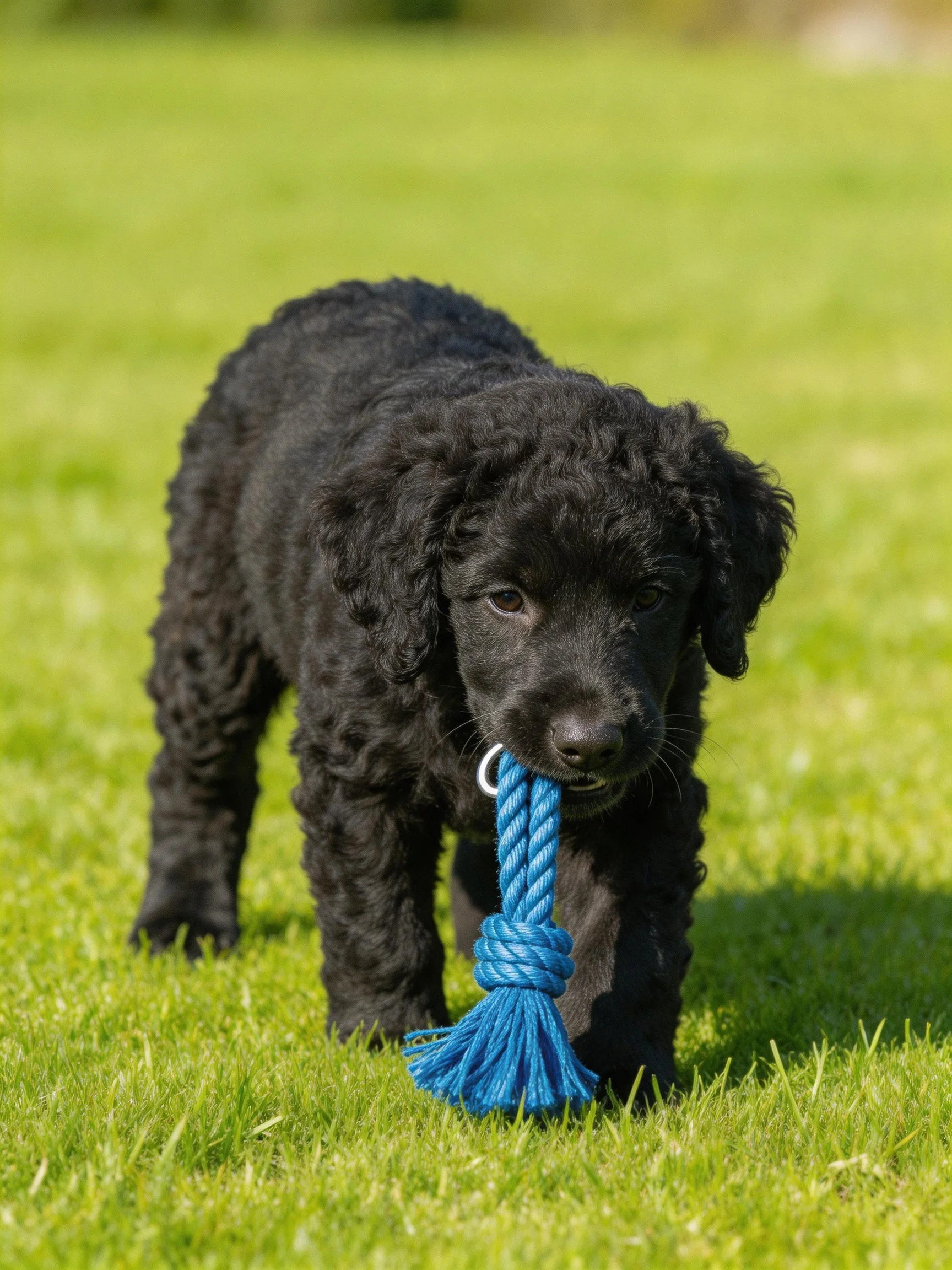 A black puppy plays with a blue rope toy on green grass