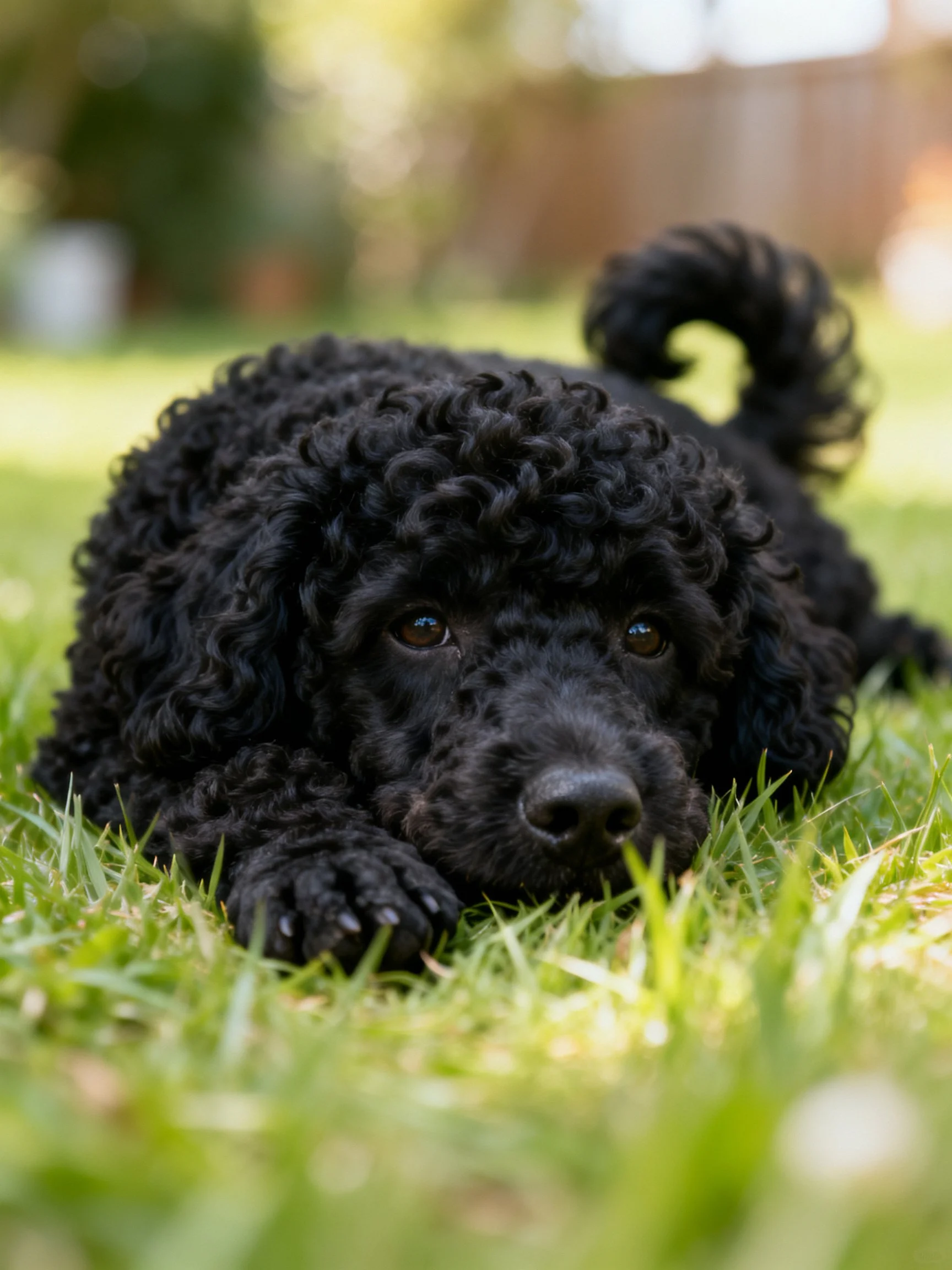 A black curly-haired puppy resting on green grass
