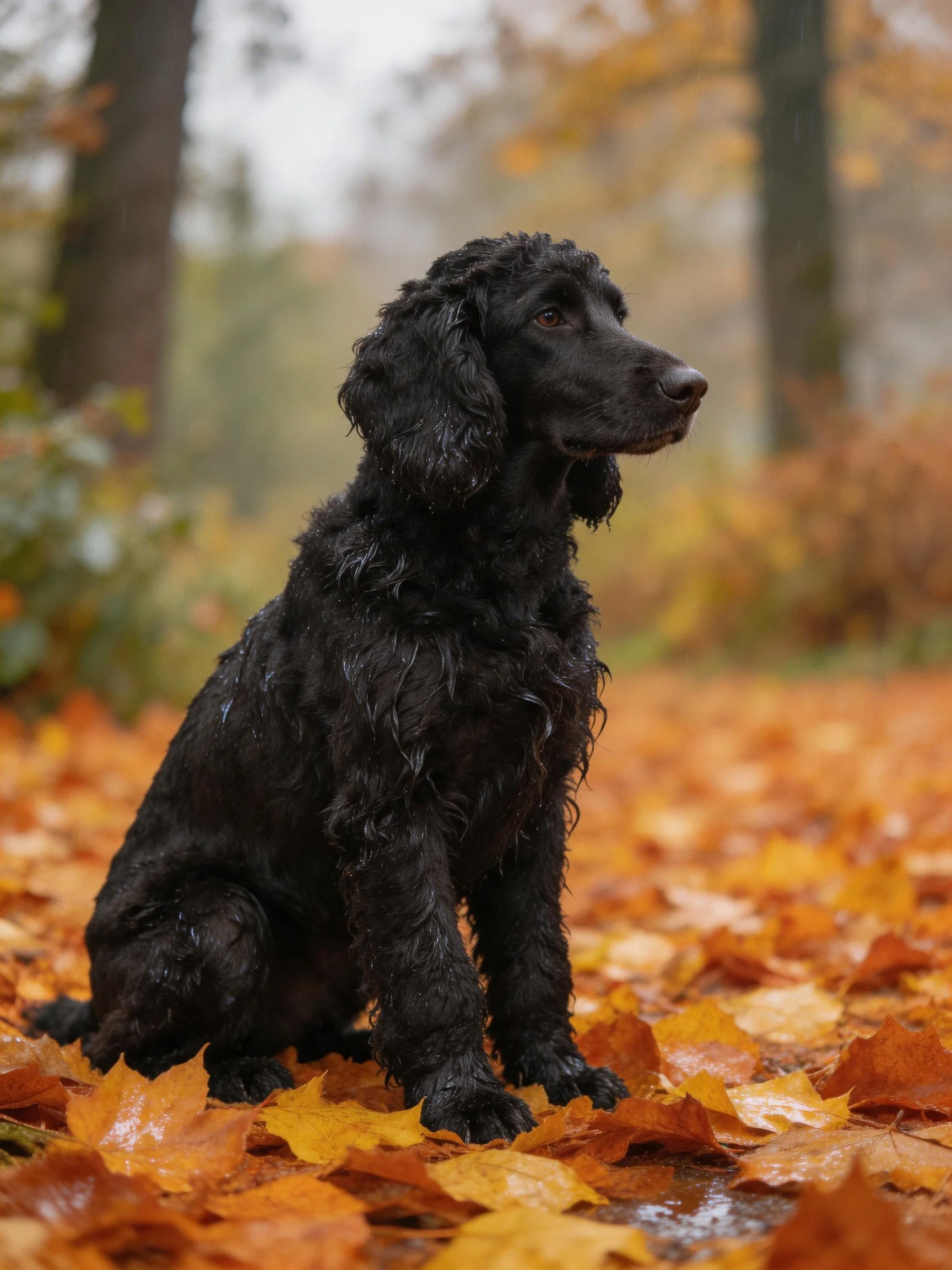 A black curly retriever sits on wet autumn leaves in a forest
