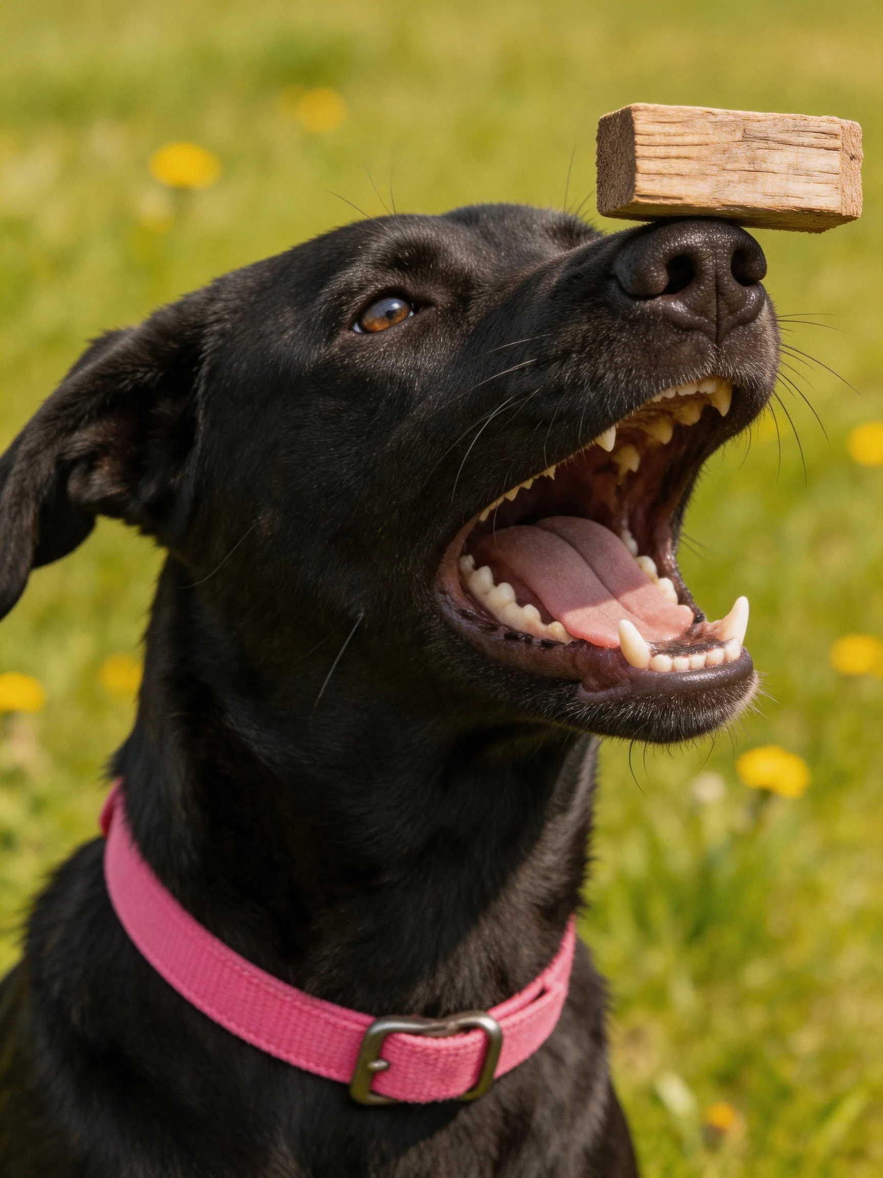 A black dog balances a wooden block on its nose outdoors