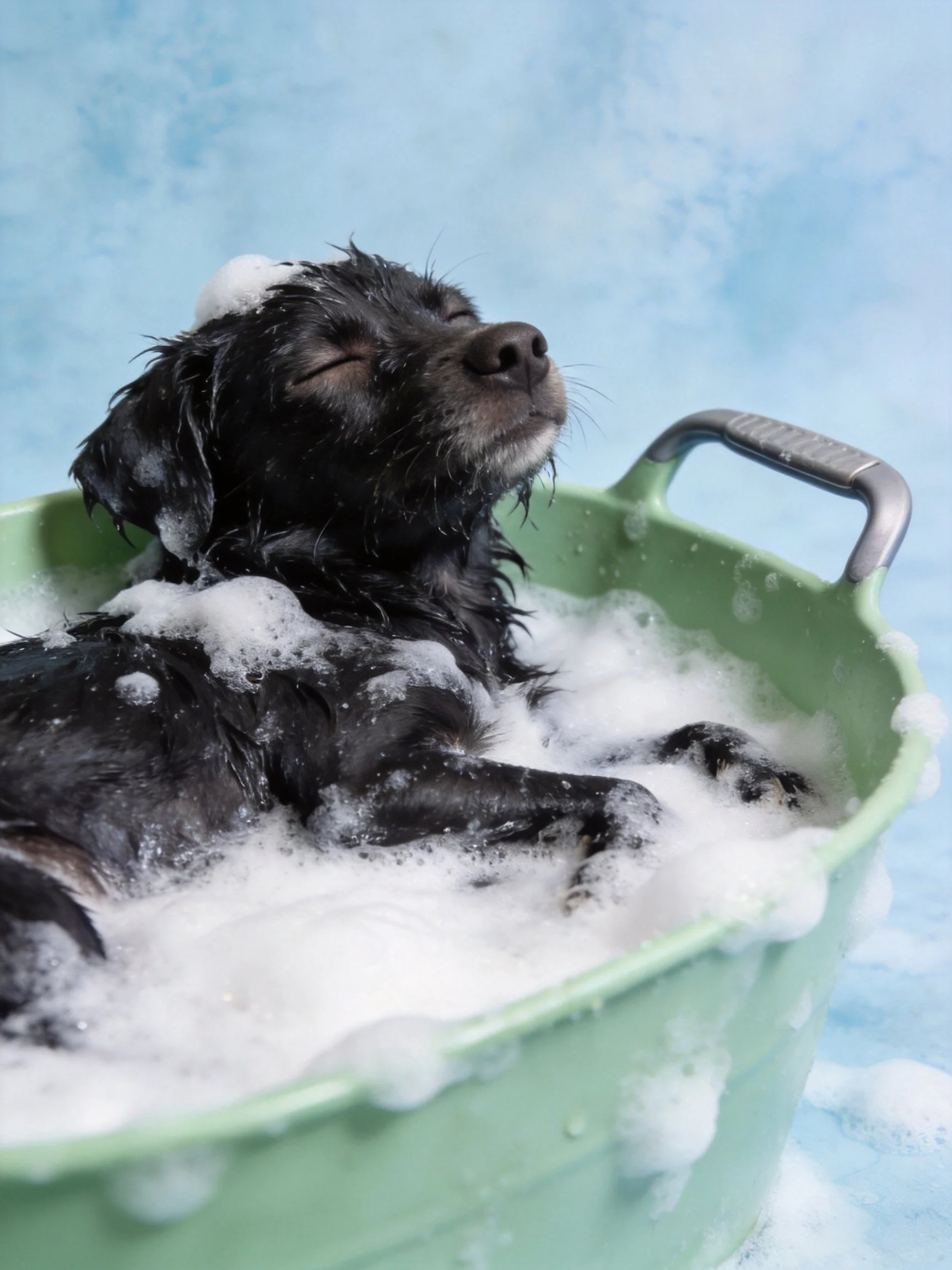 A black dog bathing in a green tub with white foam