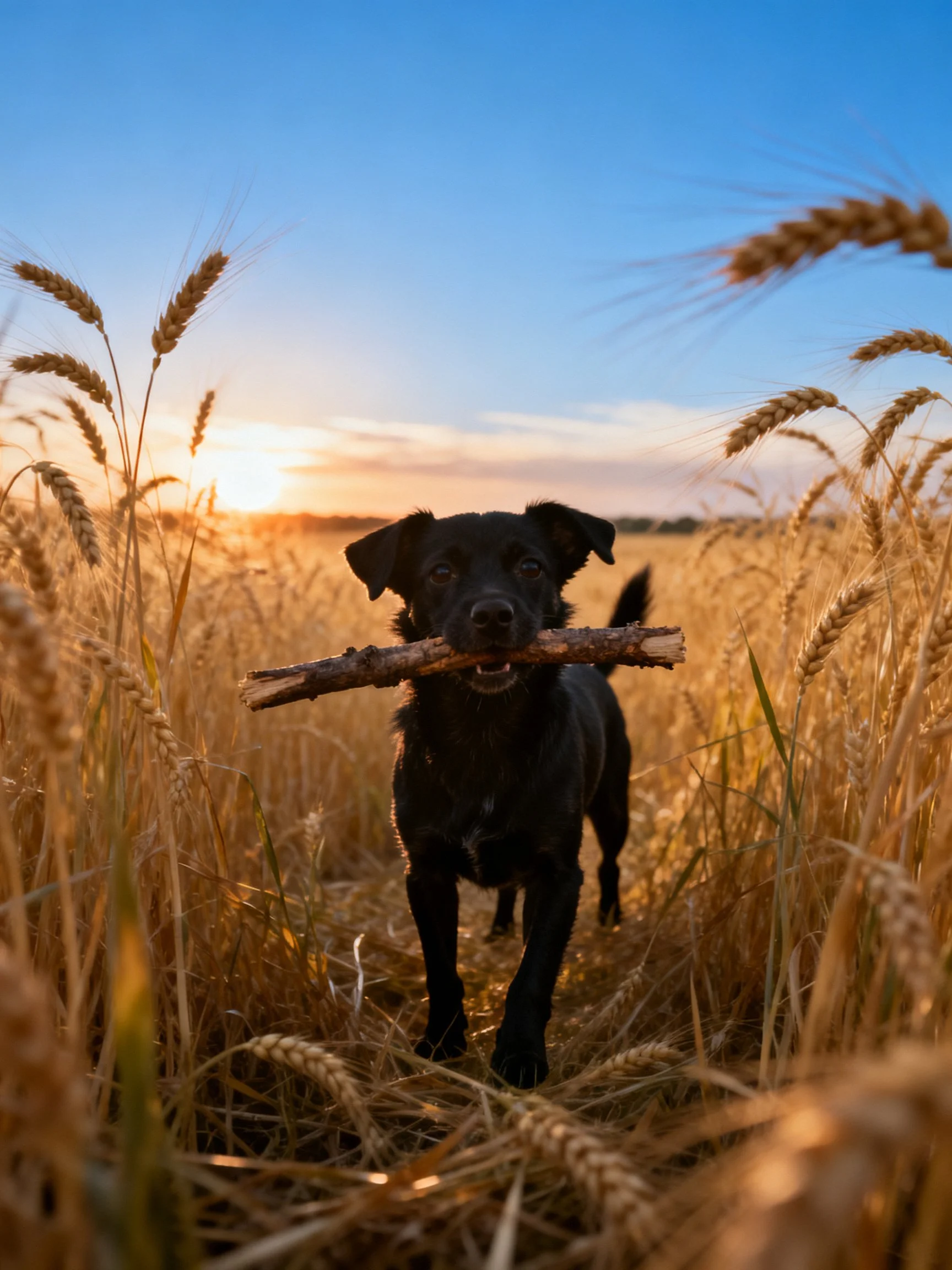 A black dog carries a log through golden wheat fields at sunset