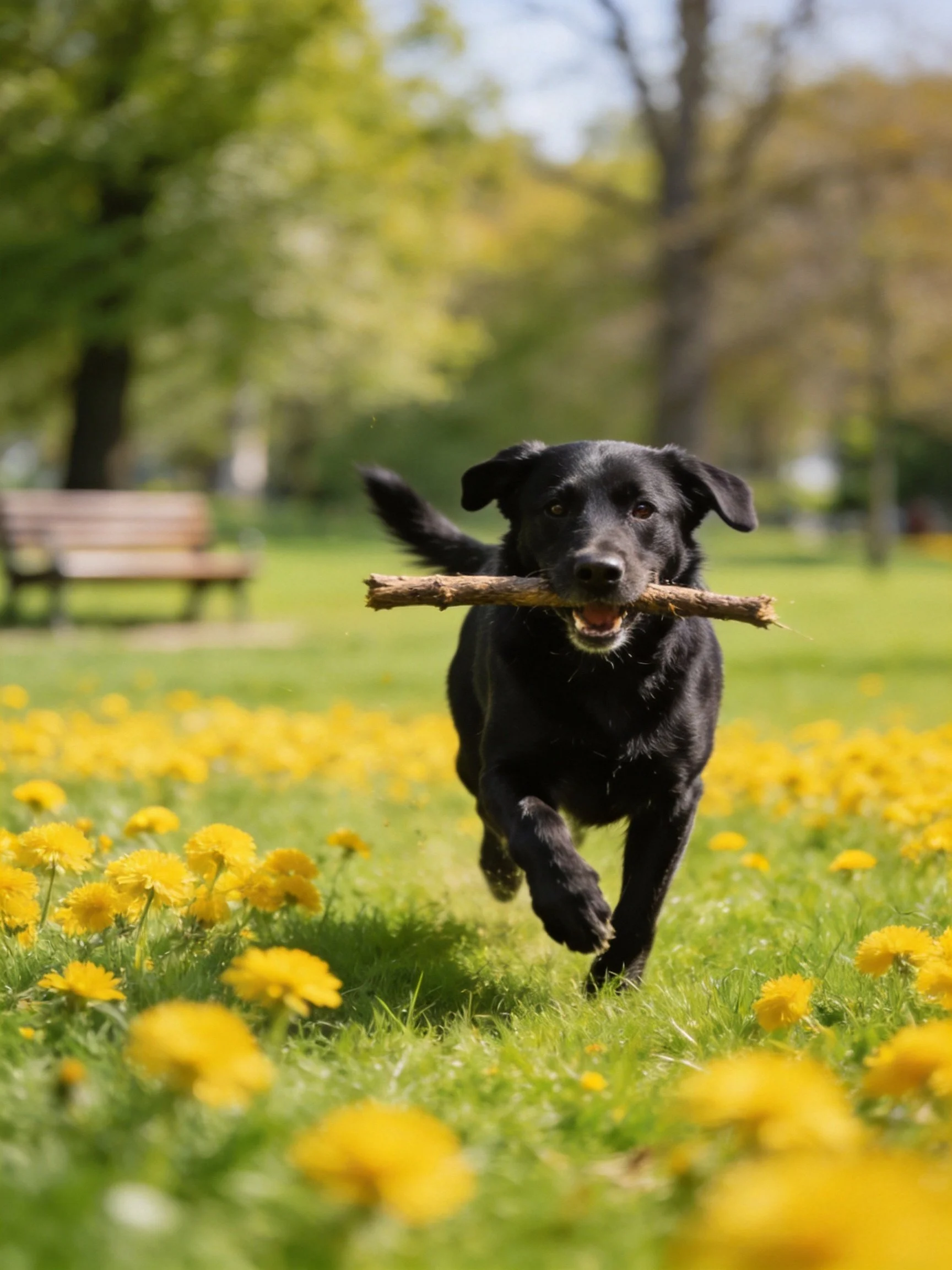 A black dog carries a stick through a yellow-flowered park