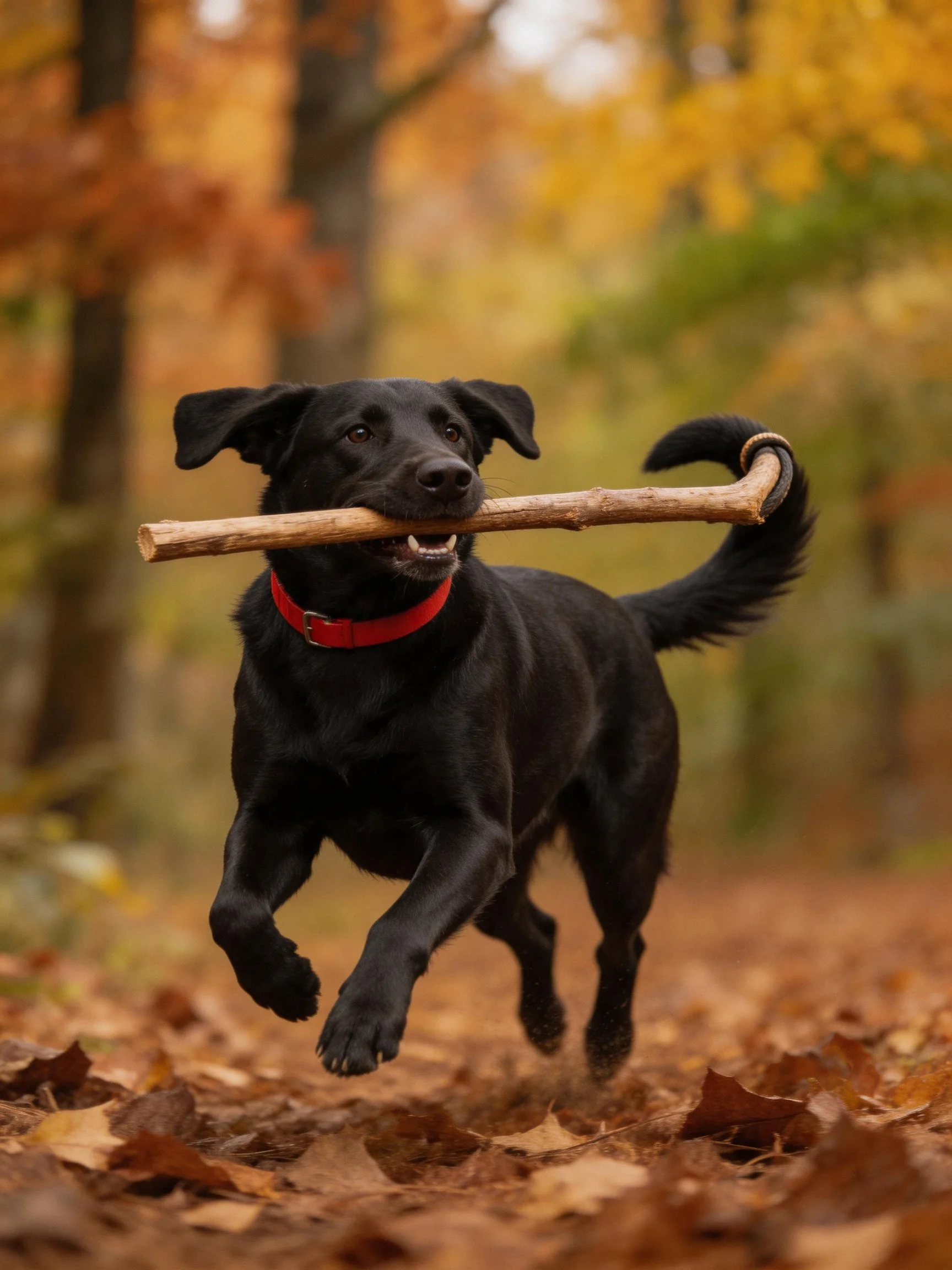 A black dog carries a wooden stick in autumn woods