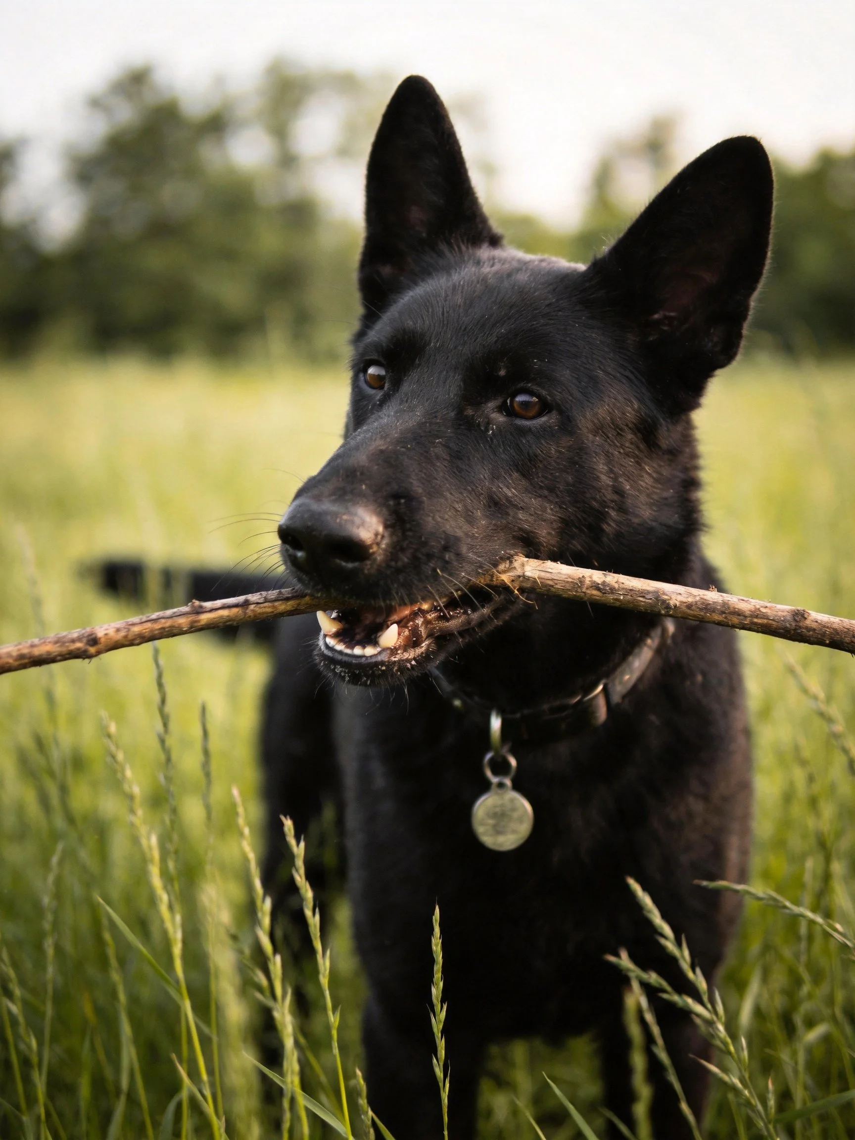 A black dog carrying a wooden stick in a grassy field