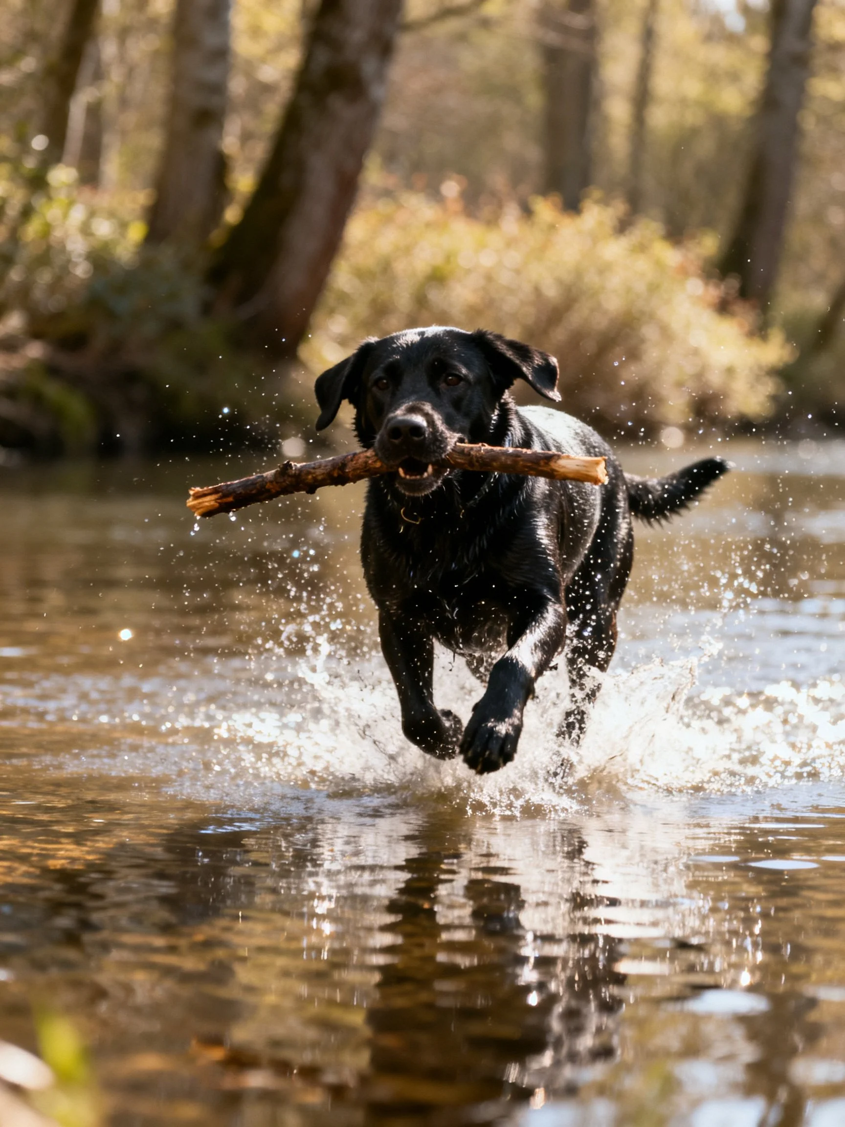 A black dog carrying a wooden stick runs through shallow water