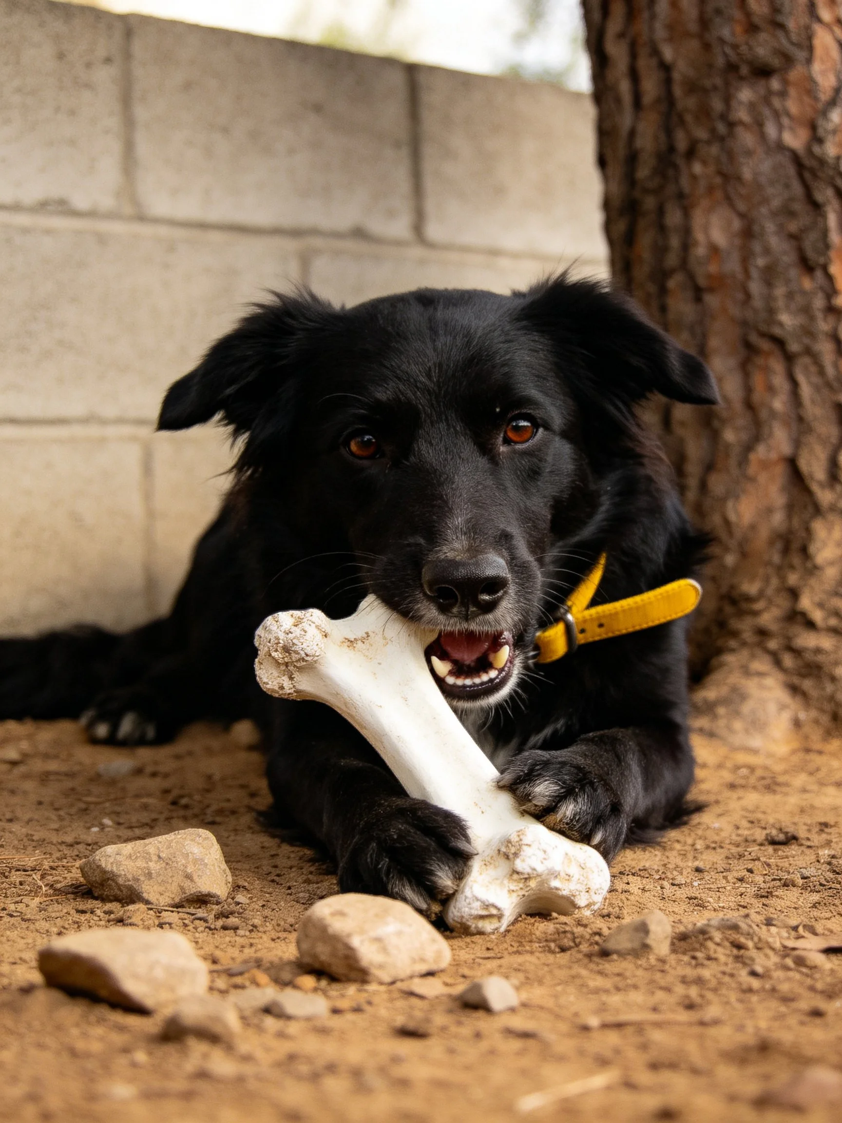A black dog chews a large white bone near a tree and concrete wall