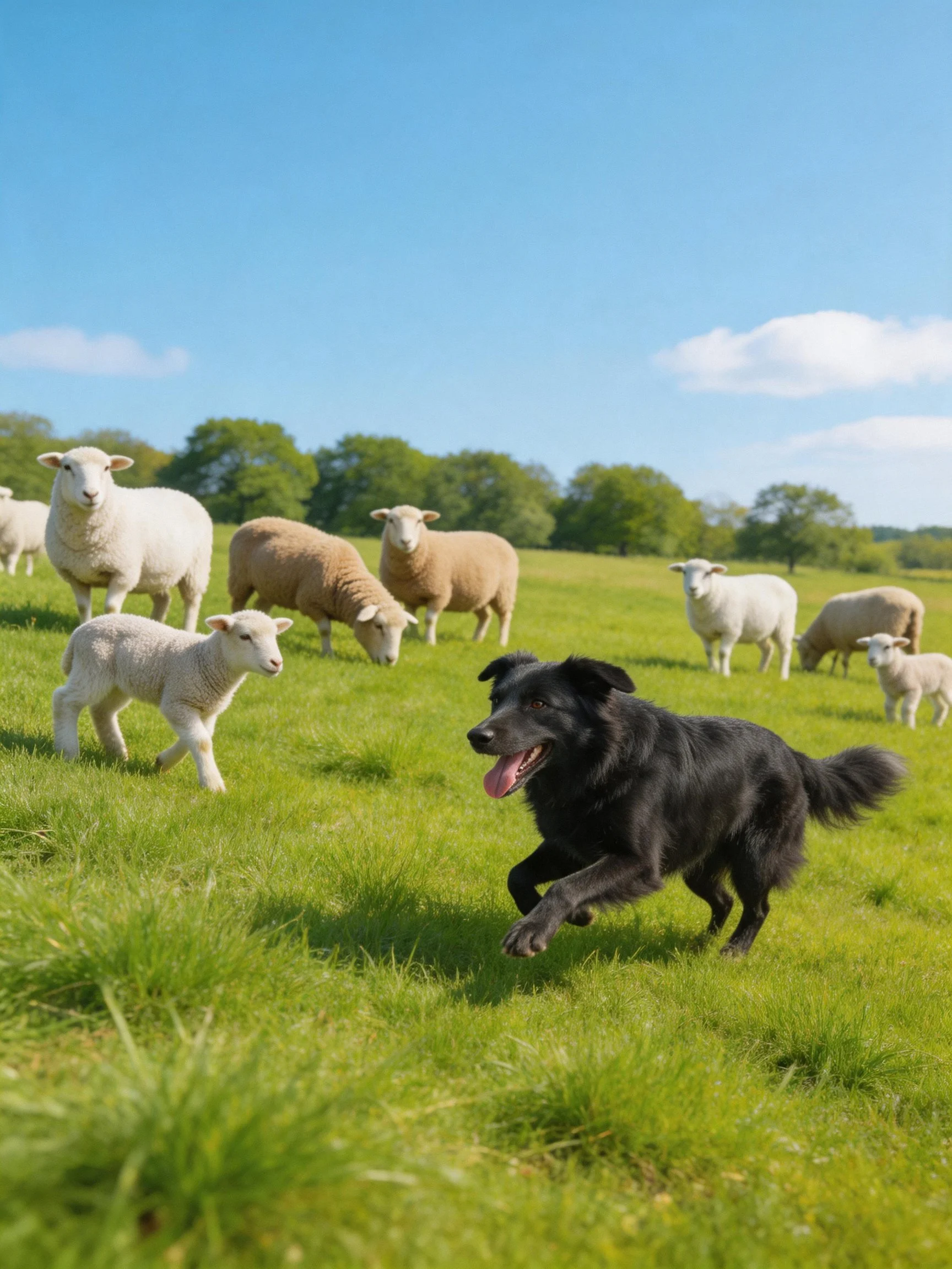 A black dog herds sheep of various colors in a sunlit meadow.