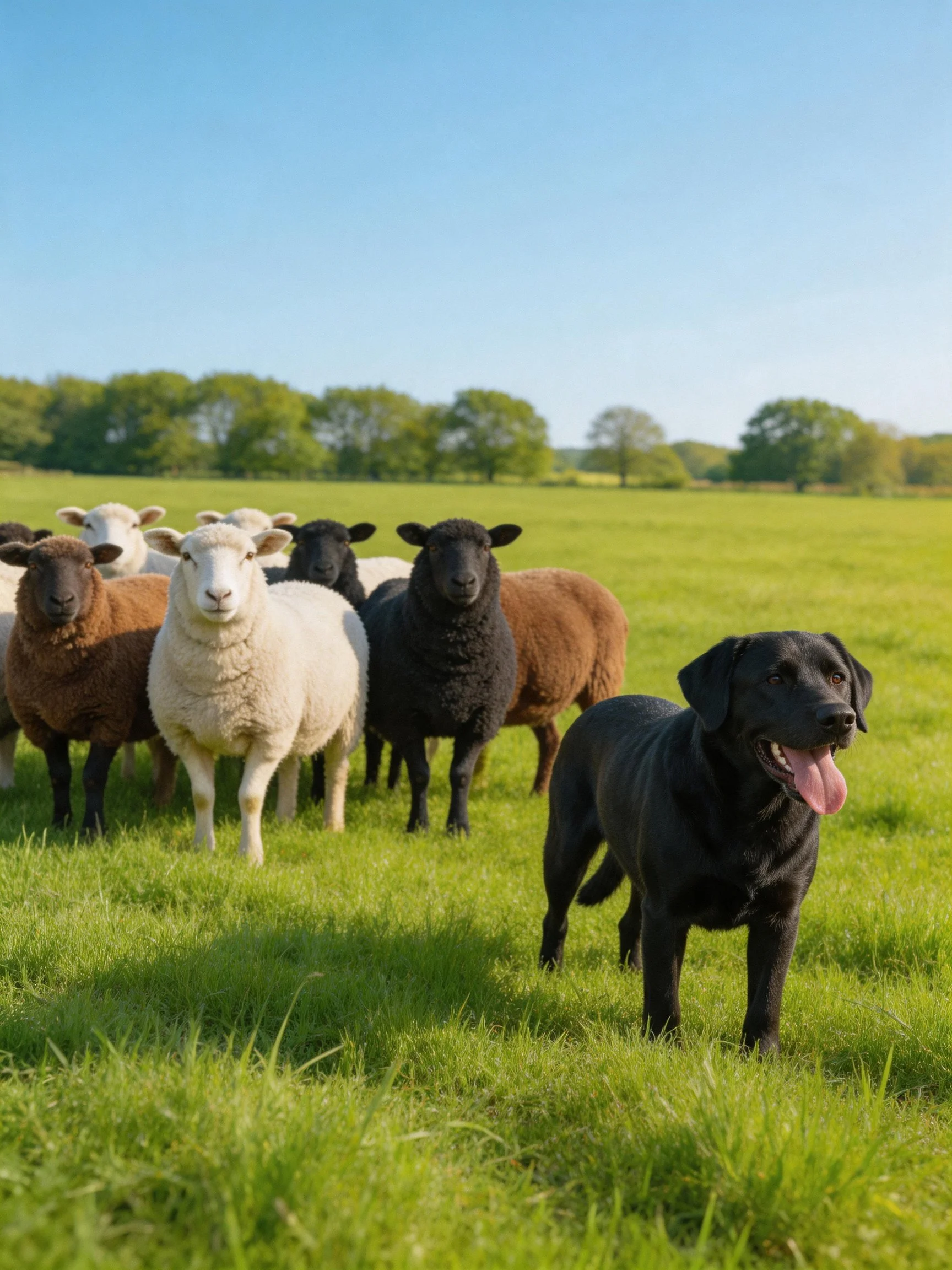 A black dog stands with multicolored sheep in a sunny pasture.