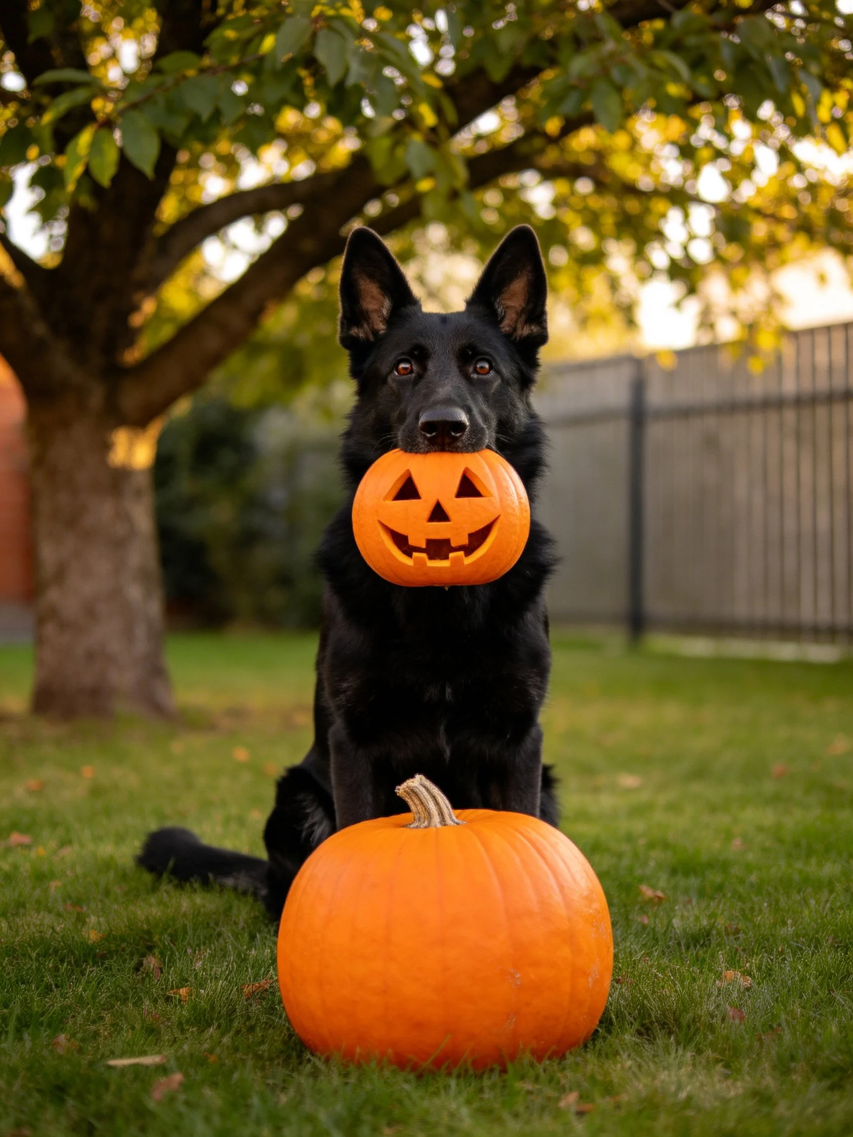 A black dog holds a small jack - o’ - lantern pumpkin next to a large pumpkin in a backyard.