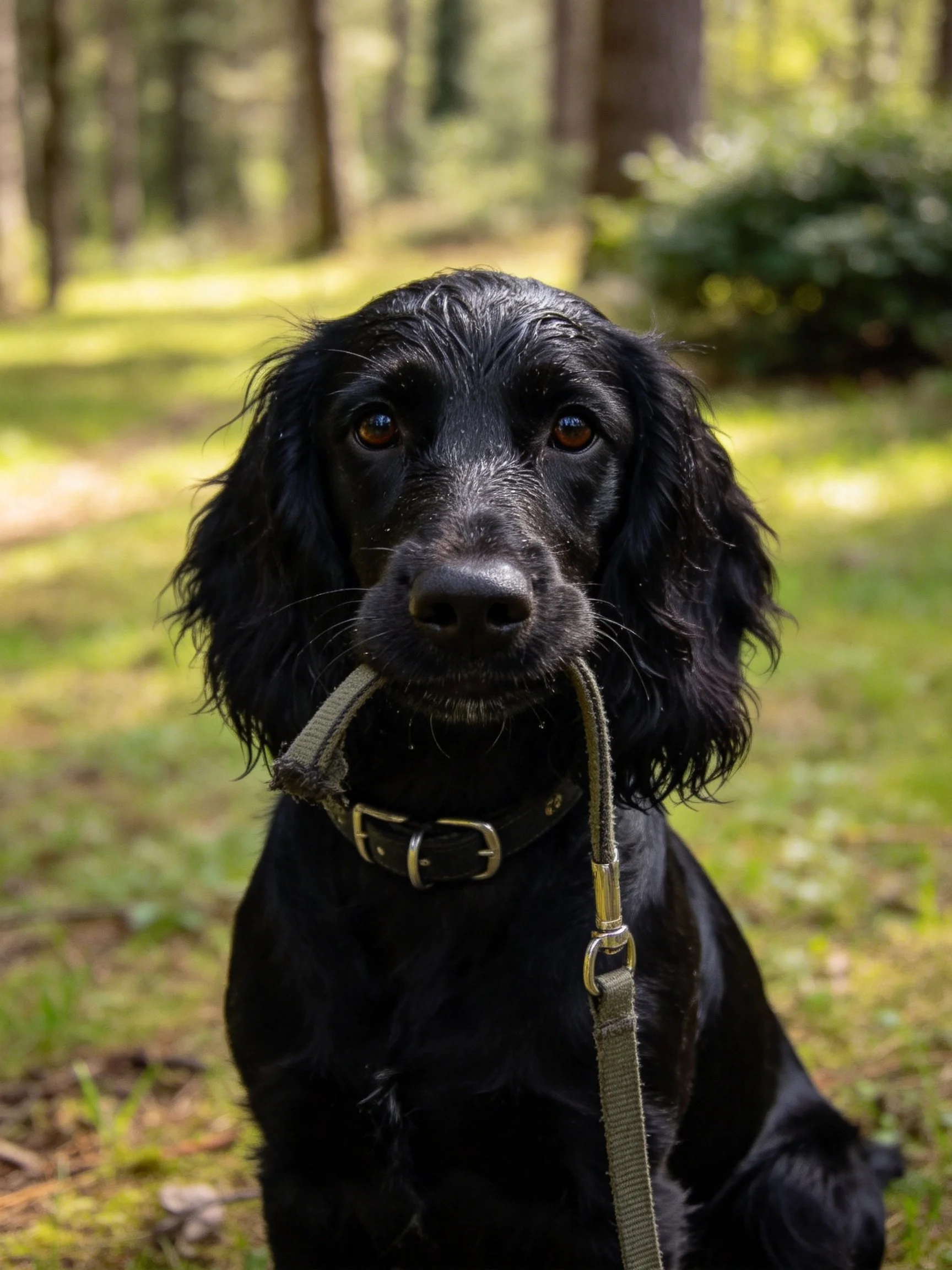 A black dog holding a leash in a sunlit forest
