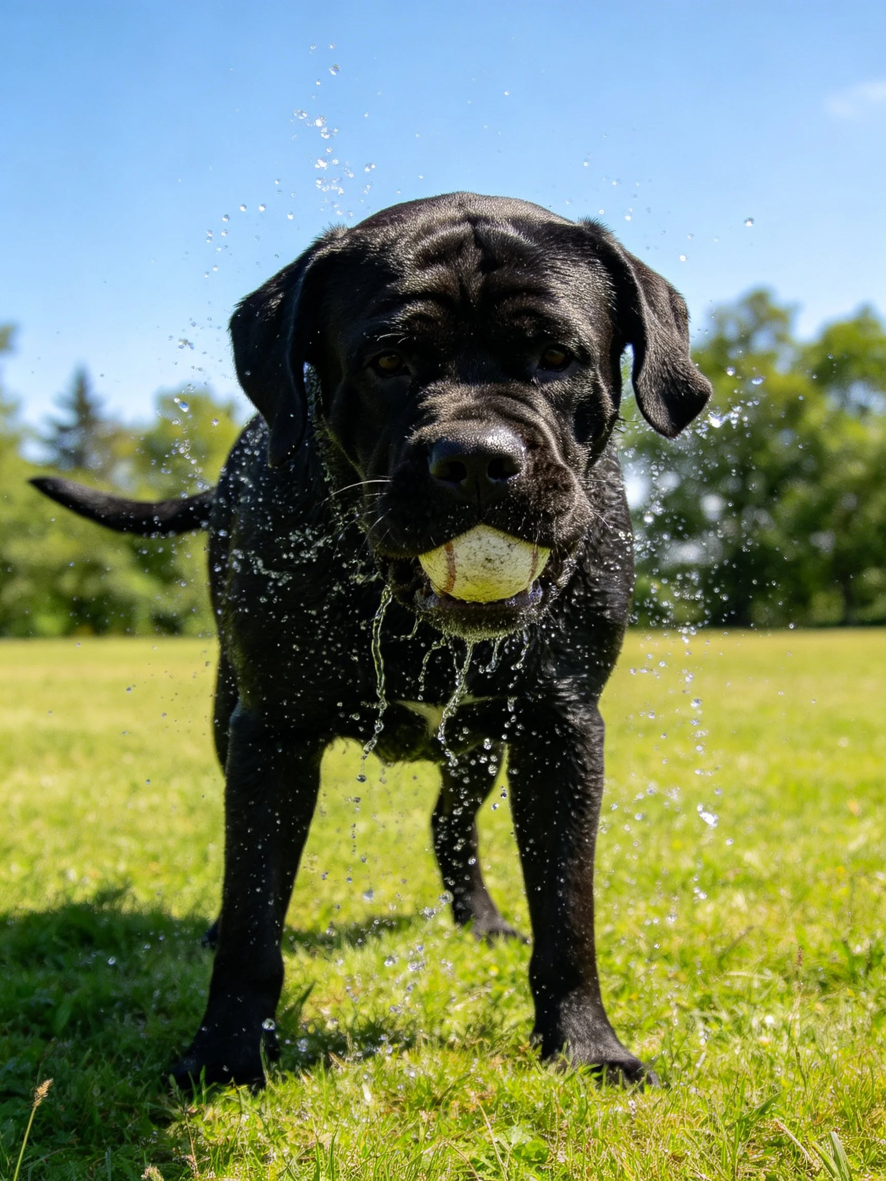 A black dog holding a wet tennis ball on a sunny grassy field