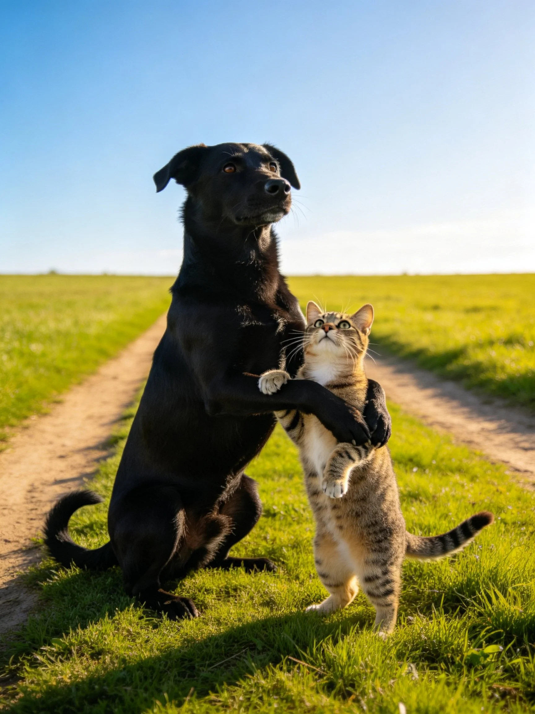 A black dog holds a tabby cat in a sunny grassy field