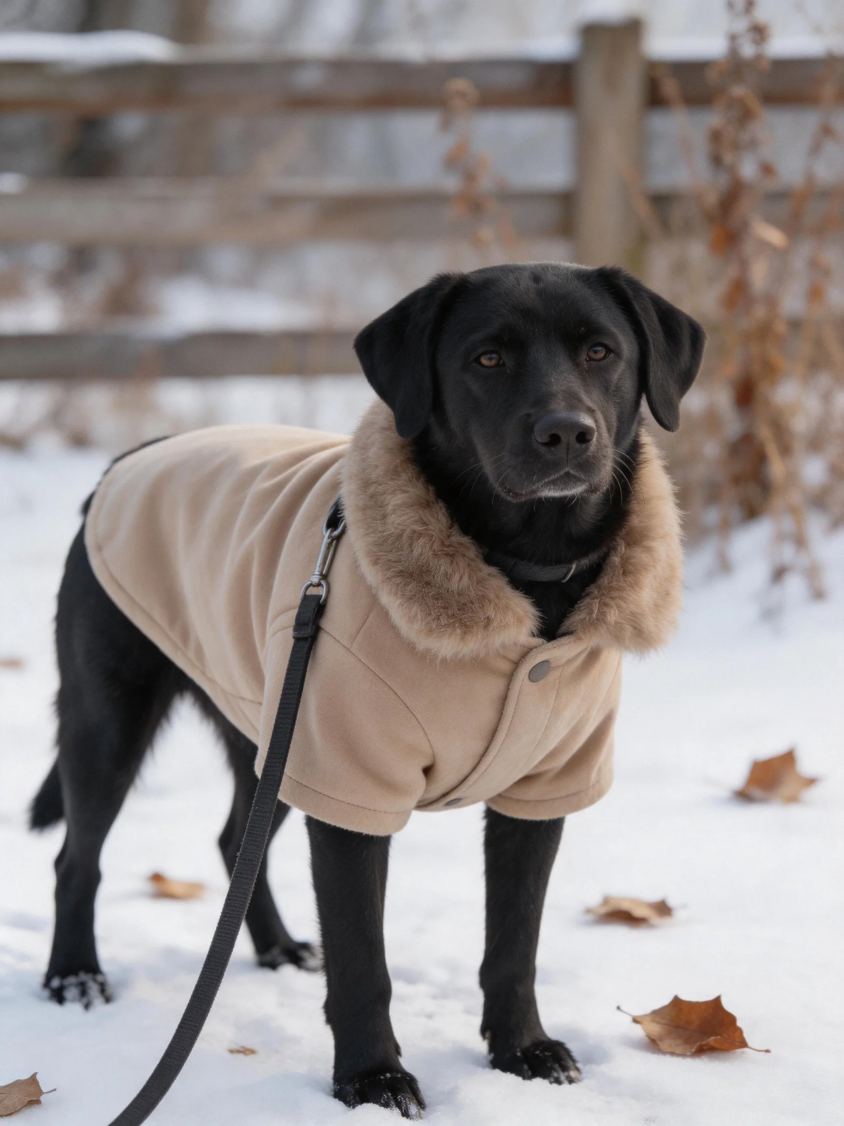 A black dog in a beige winter coat stands on snowy ground