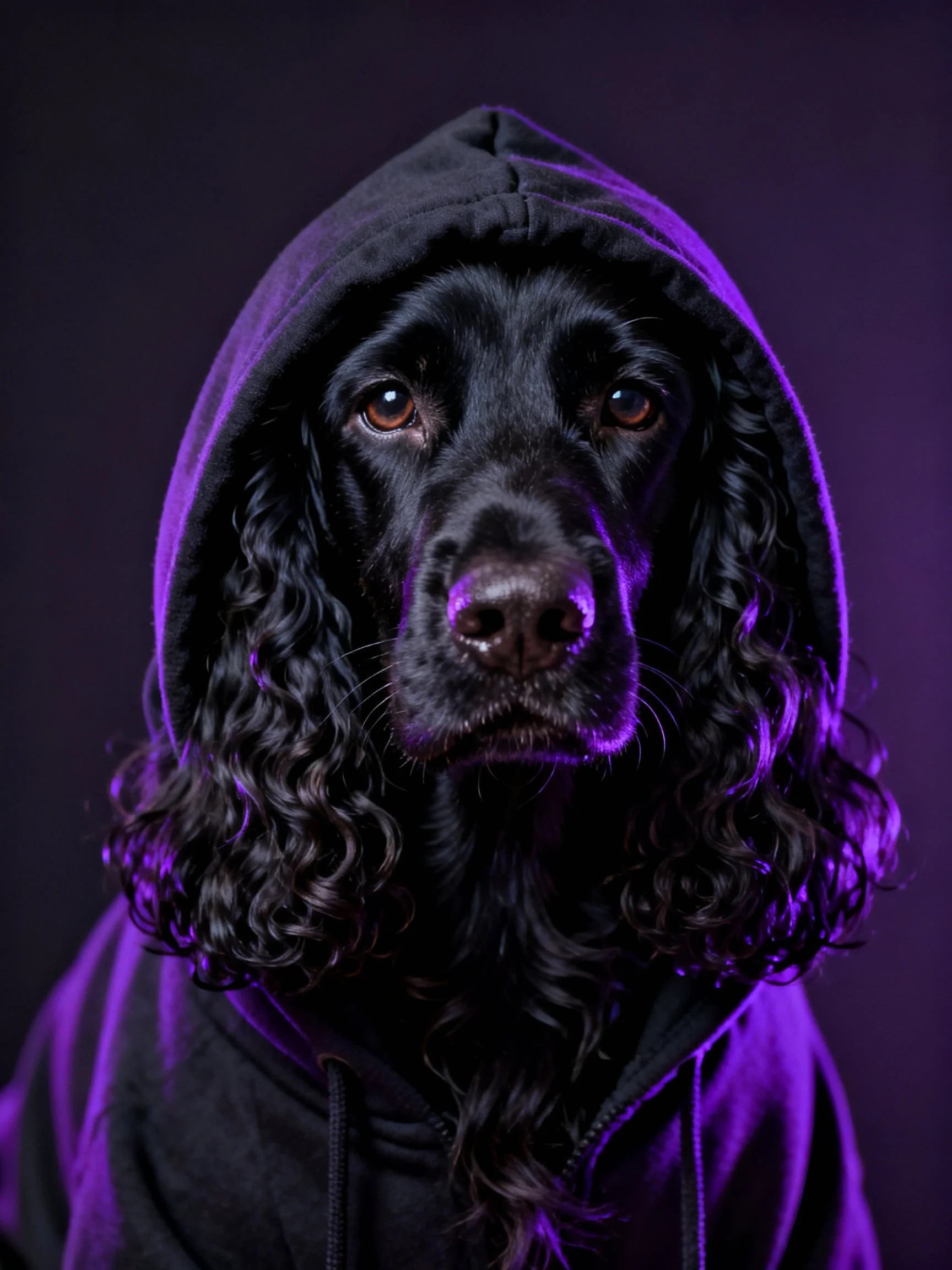 A black dog in a black hoodie with dramatic purple lighting